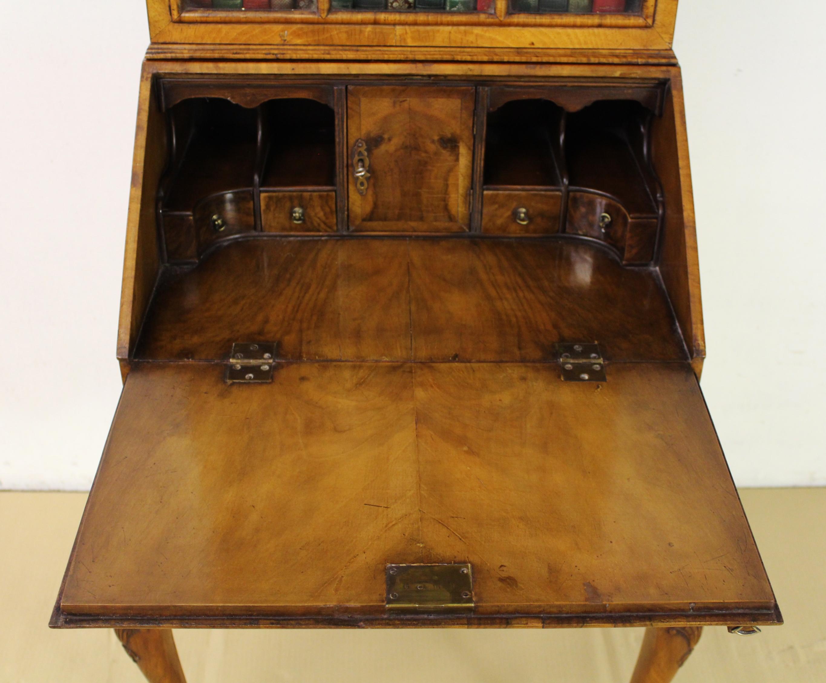 Late 19th Century Burr Walnut Queen Anne Style Bureau Bookcase For Sale 10