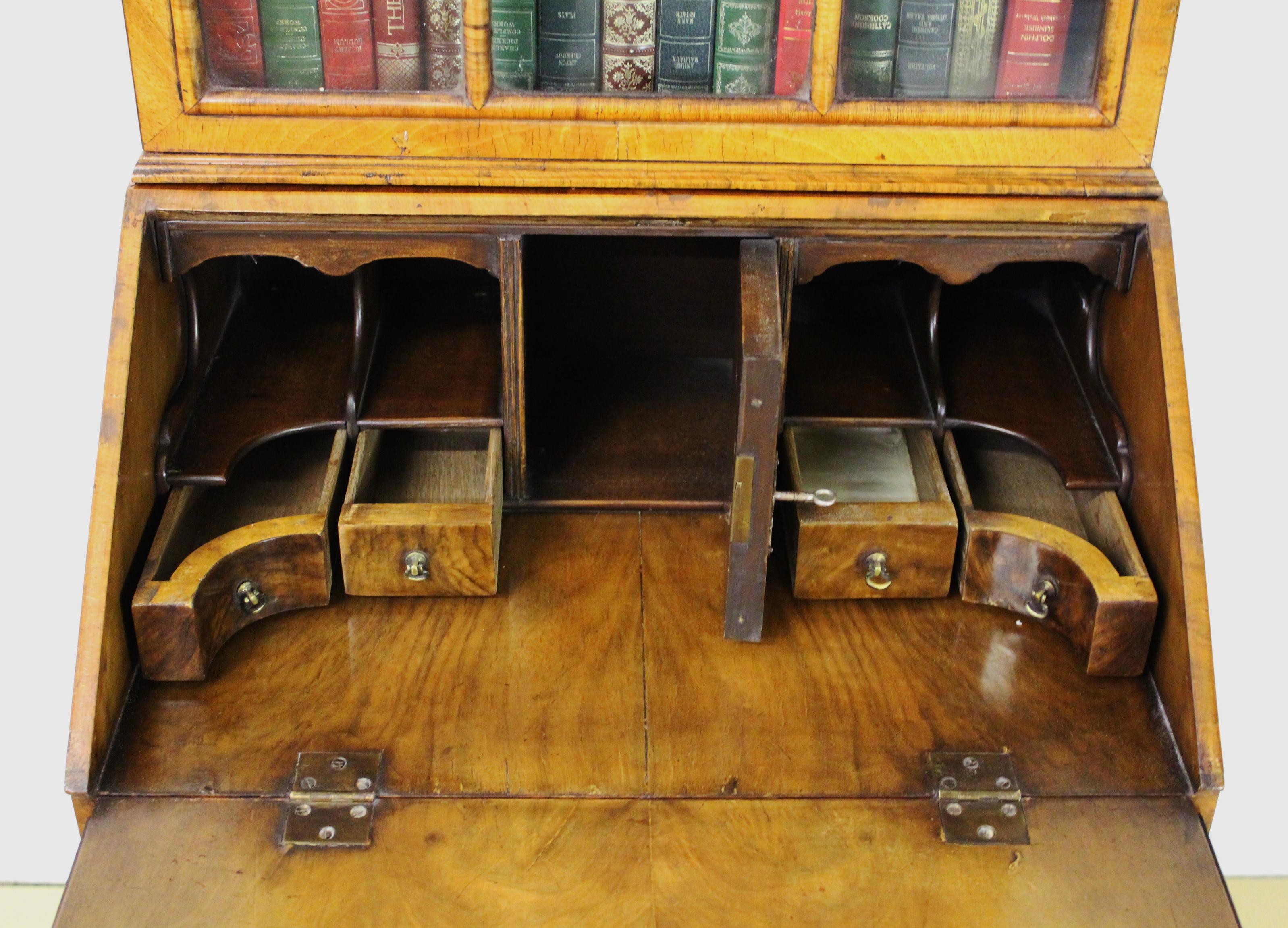 Late 19th Century Burr Walnut Queen Anne Style Bureau Bookcase For Sale 11