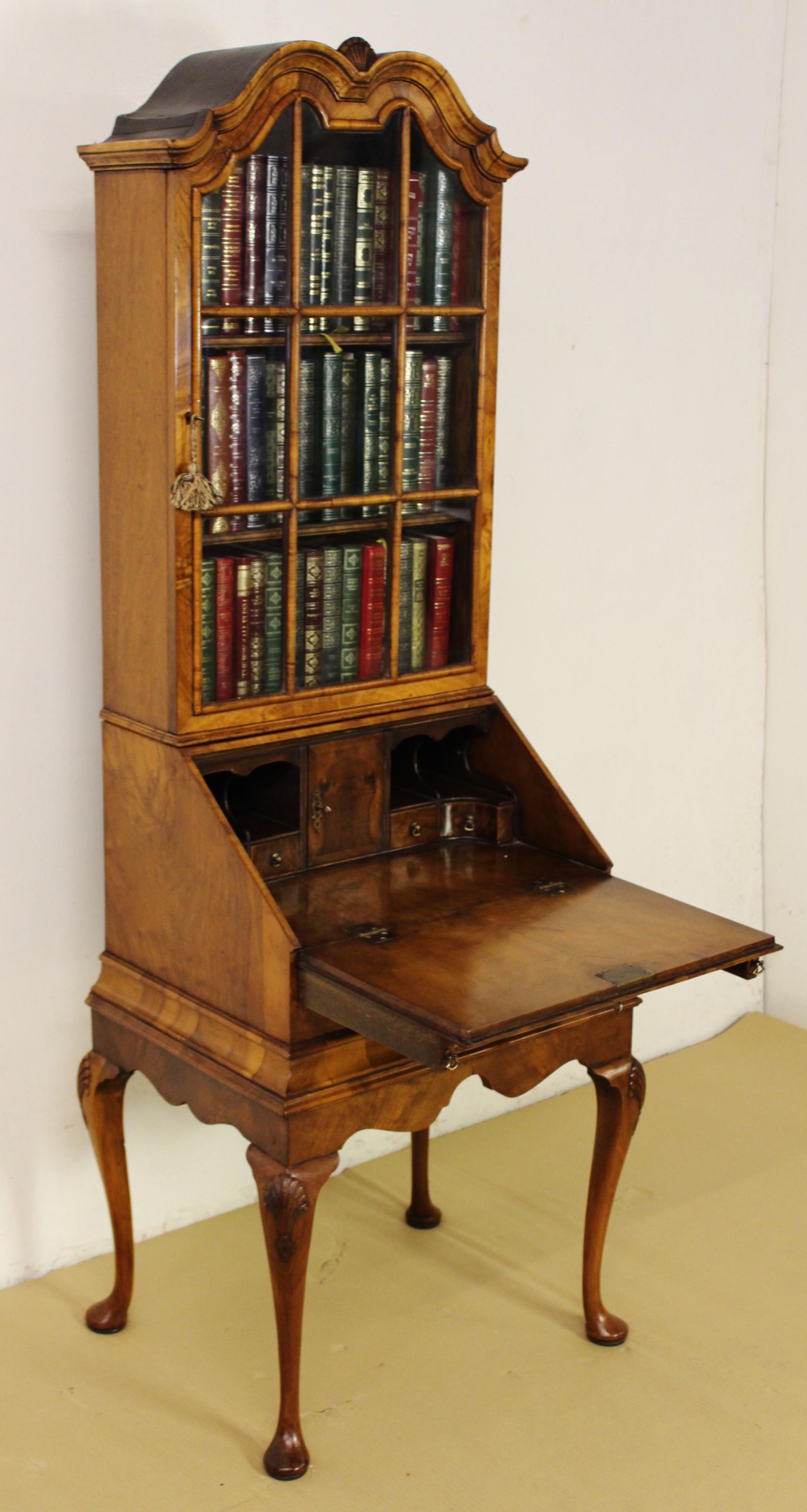 Late 19th Century Burr Walnut Queen Anne Style Bureau Bookcase For Sale 12