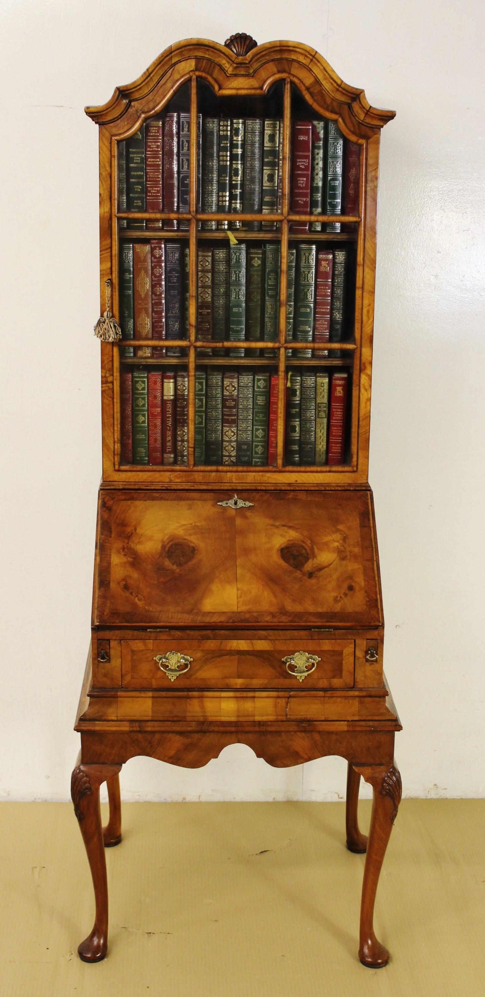 English Late 19th Century Burr Walnut Queen Anne Style Bureau Bookcase For Sale