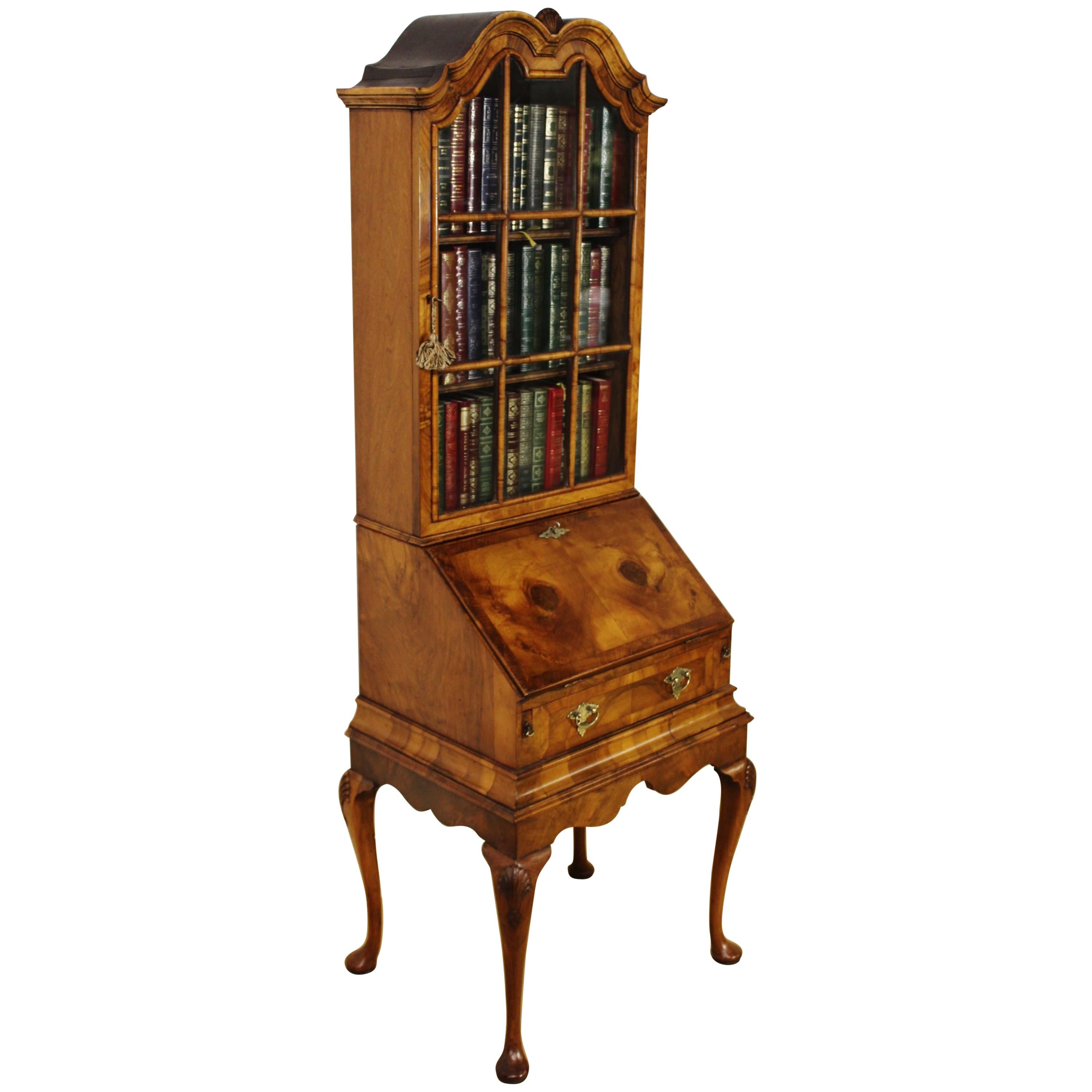 Late 19th Century Burr Walnut Queen Anne Style Bureau Bookcase For Sale