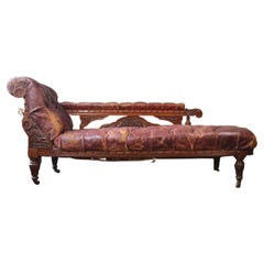 Late 19th Century Buttoned Burgundy Leather & Walnut Day Bed Chaise Lounge
