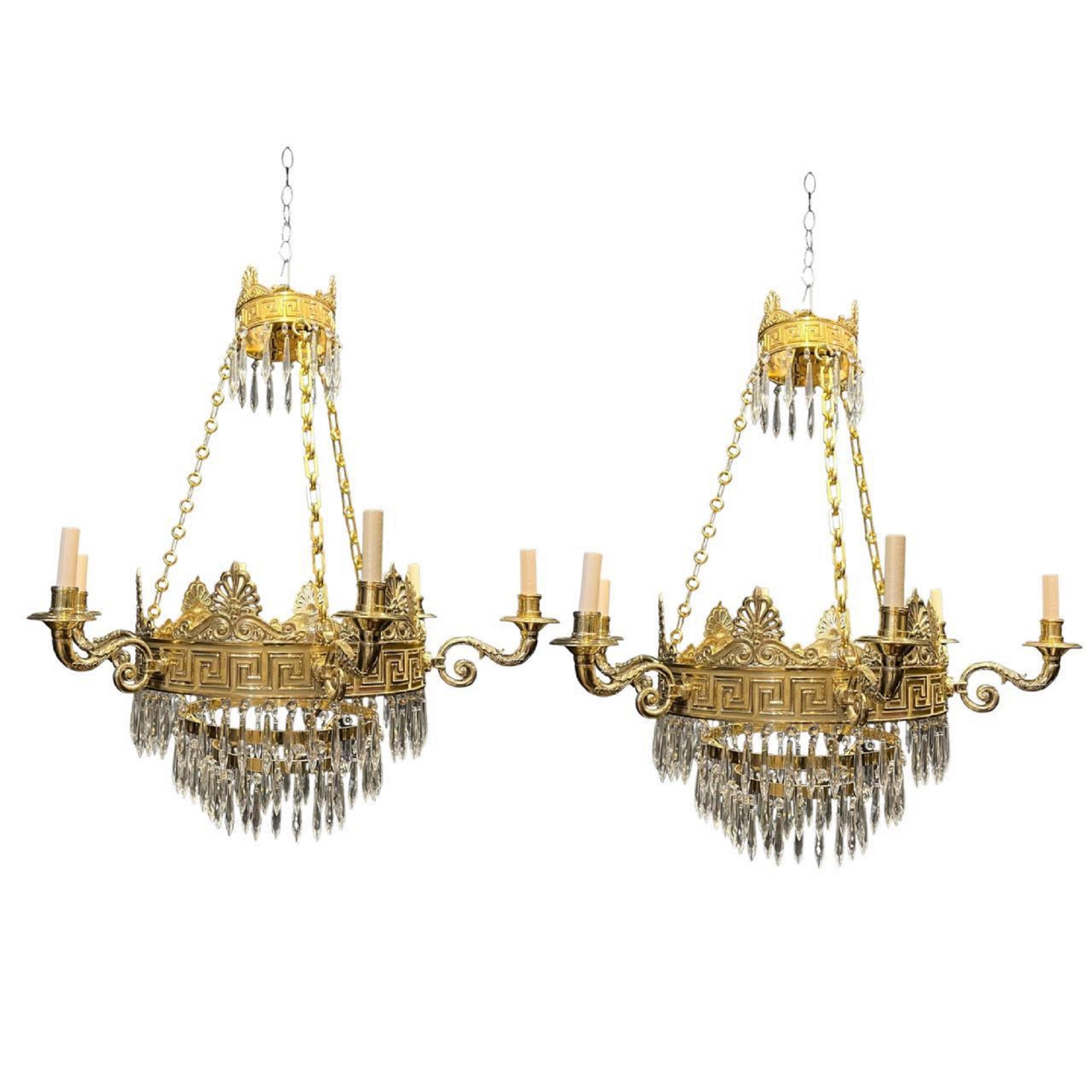 A late 19th Century Caldwell neoclassical style bronze chandelier with Greek key design and crystals hangings 
