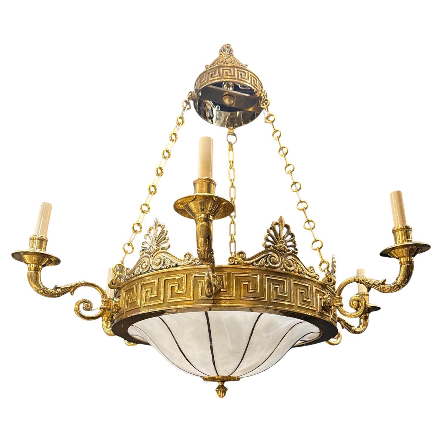 Lampadario in bronzo Caldwell della fine del XIX secolo con vetro al piombo