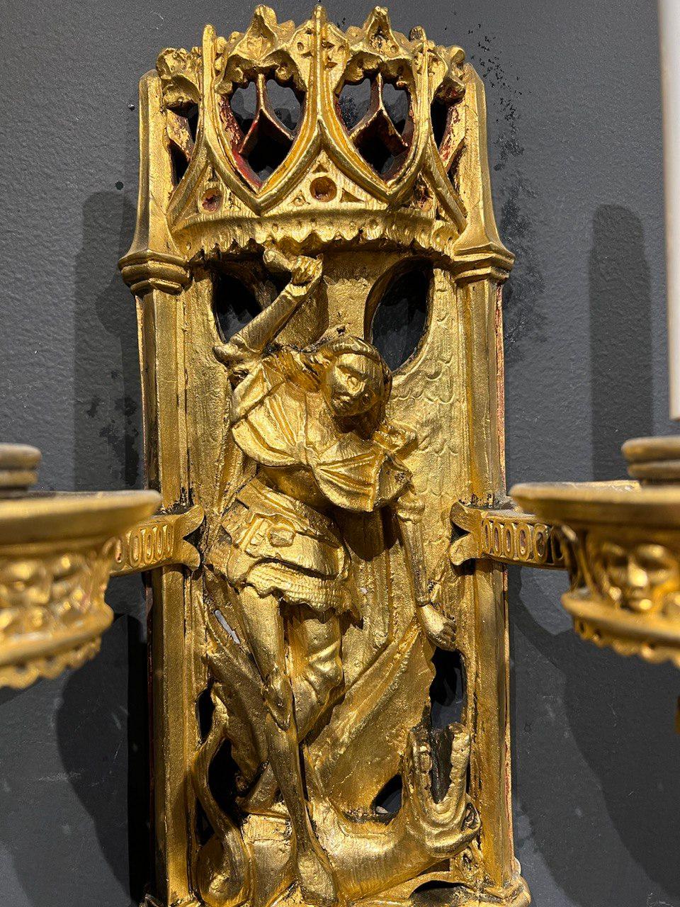 Late 19th century Caldwell Gothic St. Michael Motif Sconces In Good Condition For Sale In New York, NY