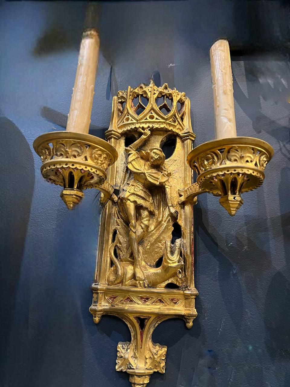 Late 19th century Caldwell Gothic St. Michael Motif Sconces For Sale 1