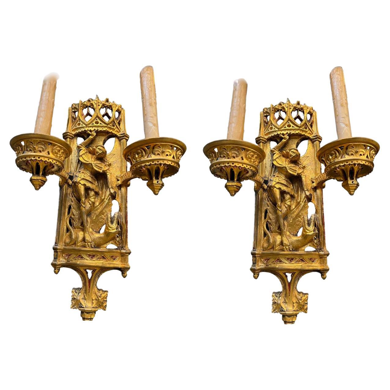 Late 19th century Caldwell Gothic St. Michael Motif Sconces For Sale