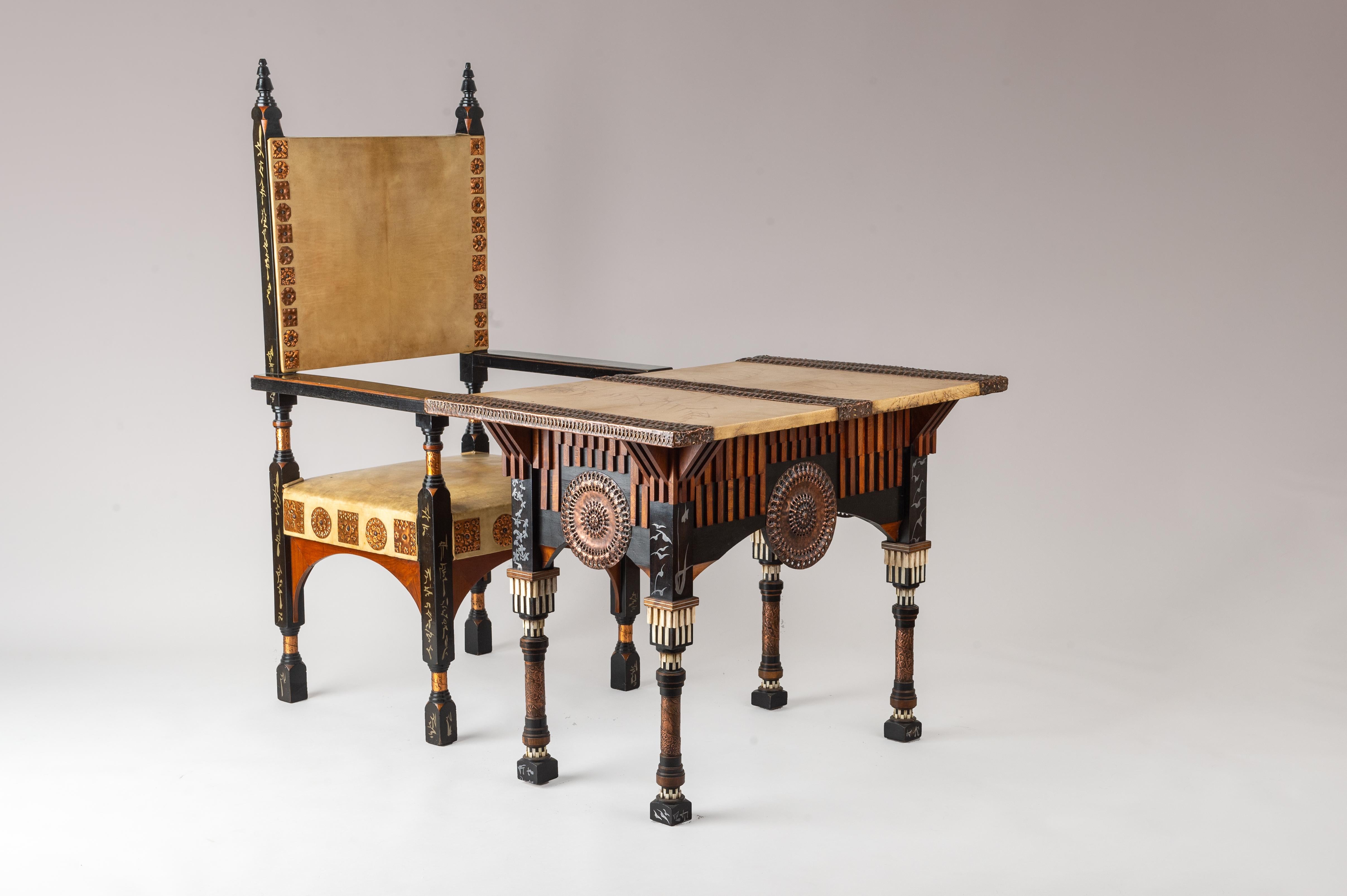 Italian Late 19th Century Carlo Bugatti Large Centre Table with Vellum & Beaten Copper For Sale