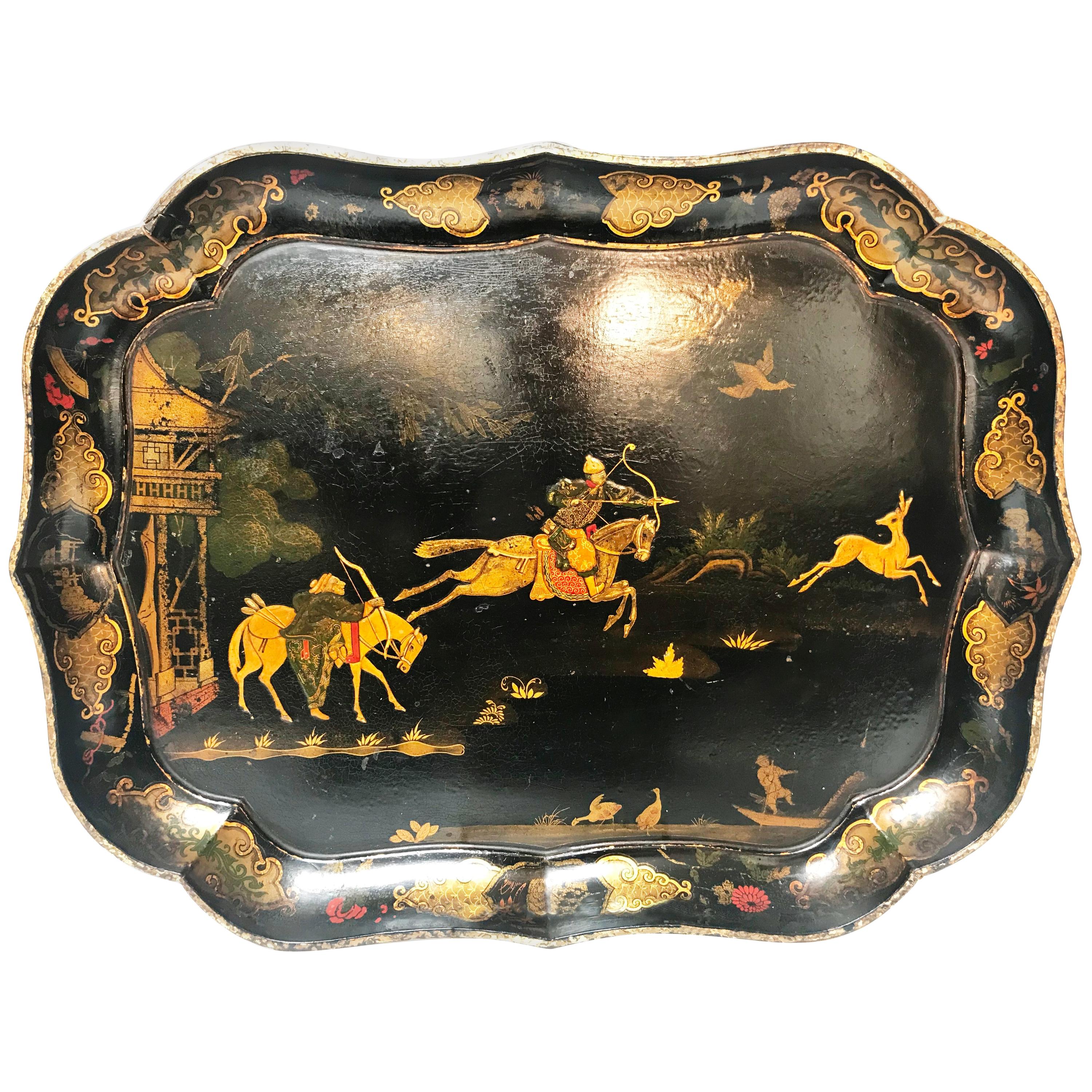 Late 19th Century Cartouche Shaped Chinoiserie Lacquer Tray For Sale
