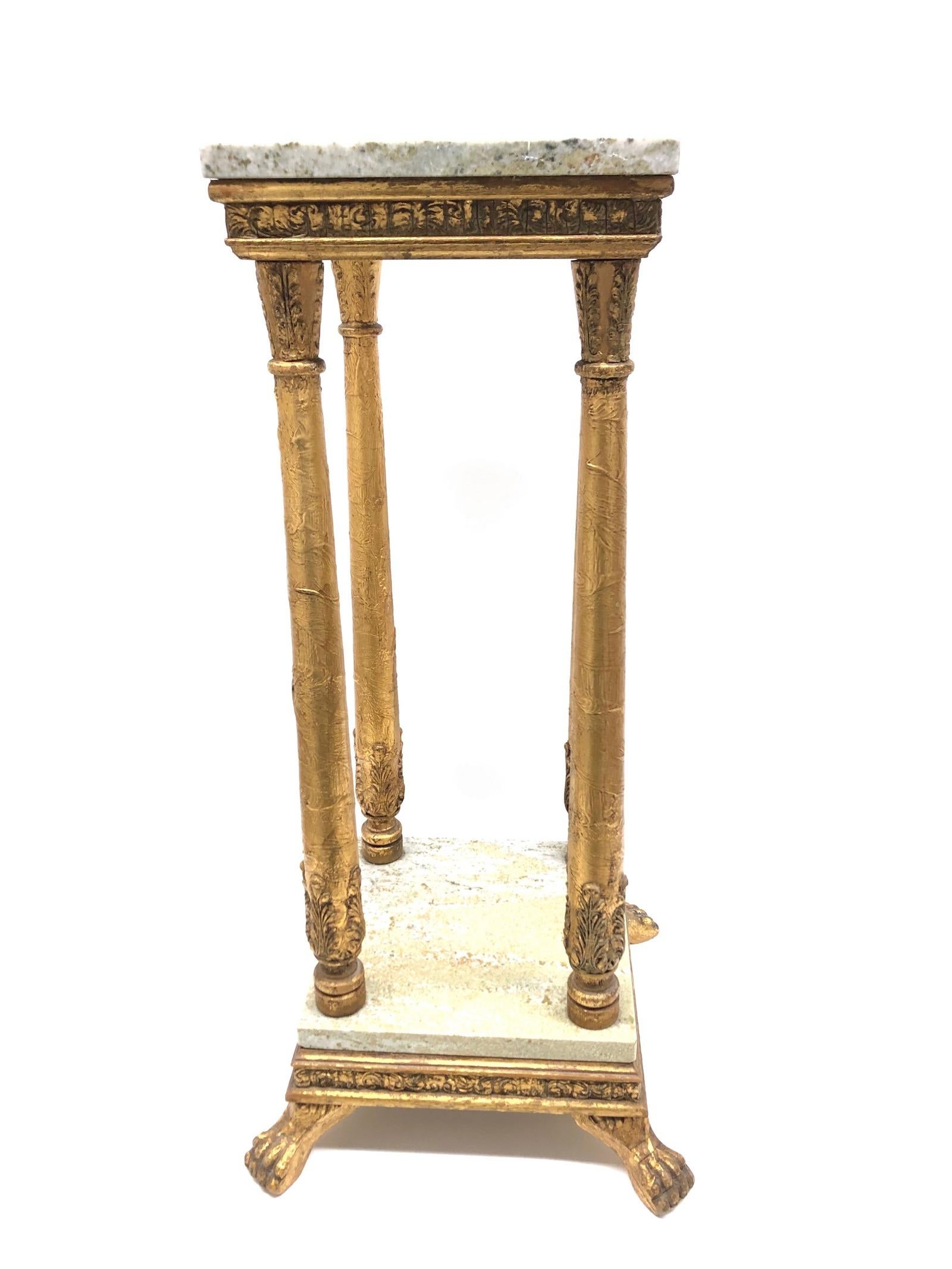 A good quality late 19th century giltwood, marble topped console table pedestal in the Louis XVI style. It has carved wood and plaster work decoration to the legs and around the rim at the wood under the marble plates. Feet are made in the style of