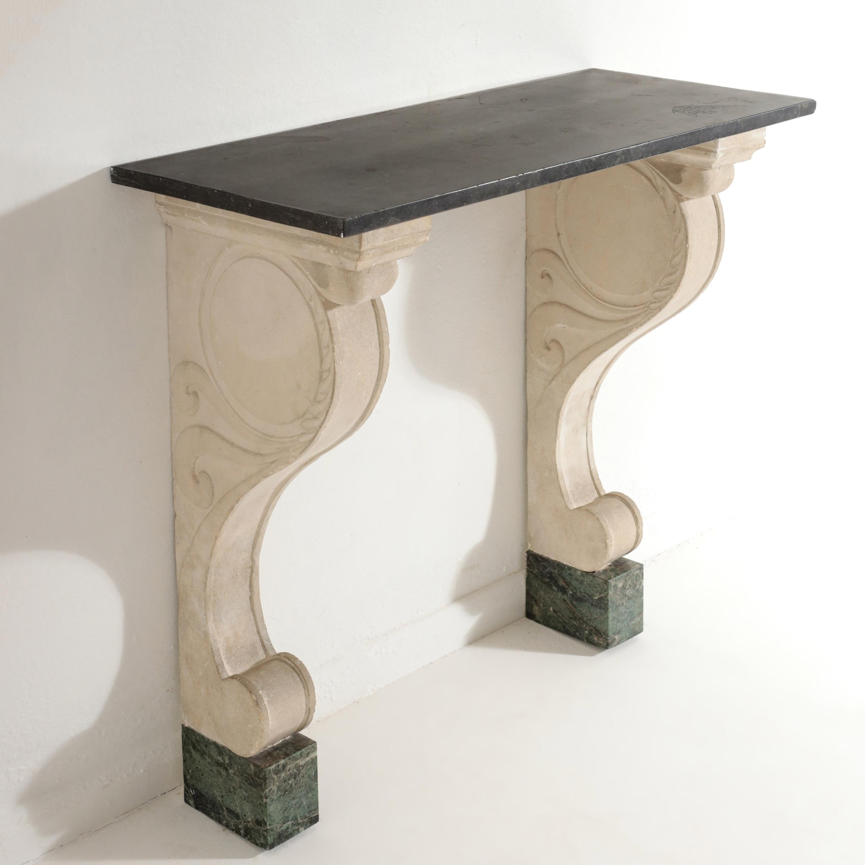 French Late 19th Century Carved Limestone and Black Marble Console For Sale