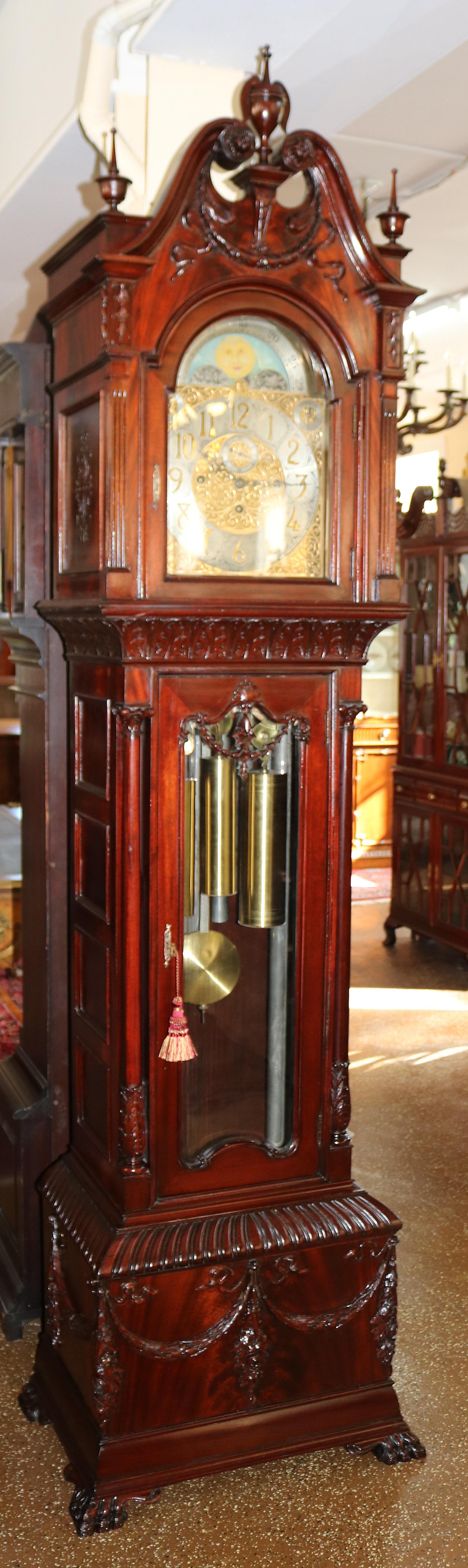 American Late 19th Century Carved Mahogany 9 Tube Musical Tall Case Grandfather Clock