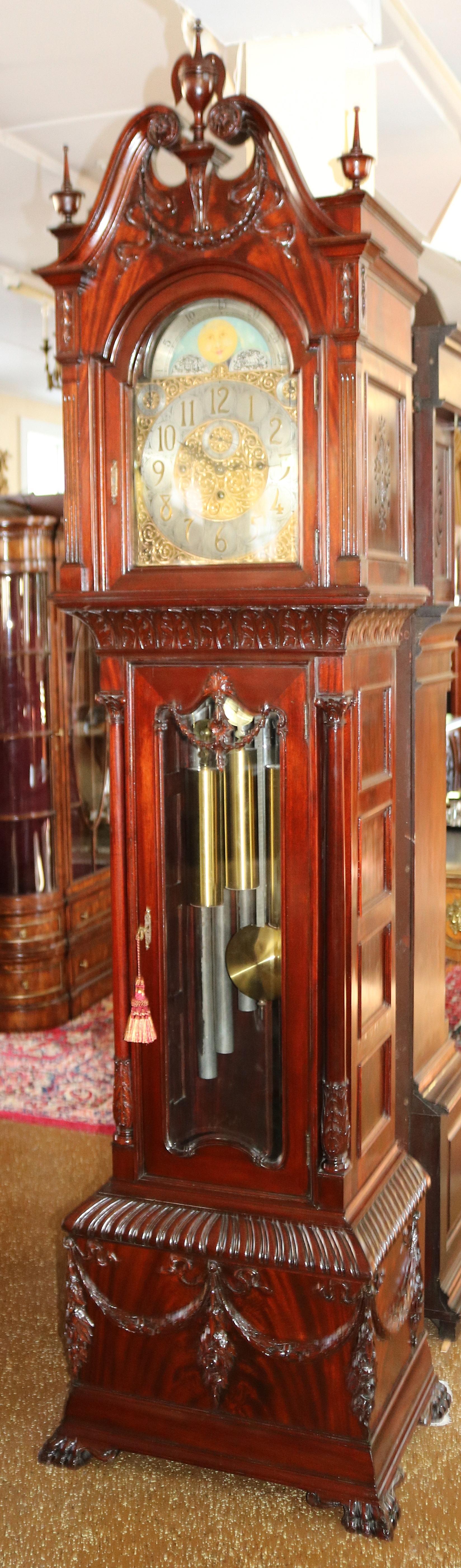 Late 19th Century Carved Mahogany 9 Tube Musical Tall Case Grandfather Clock In Good Condition In Long Branch, NJ