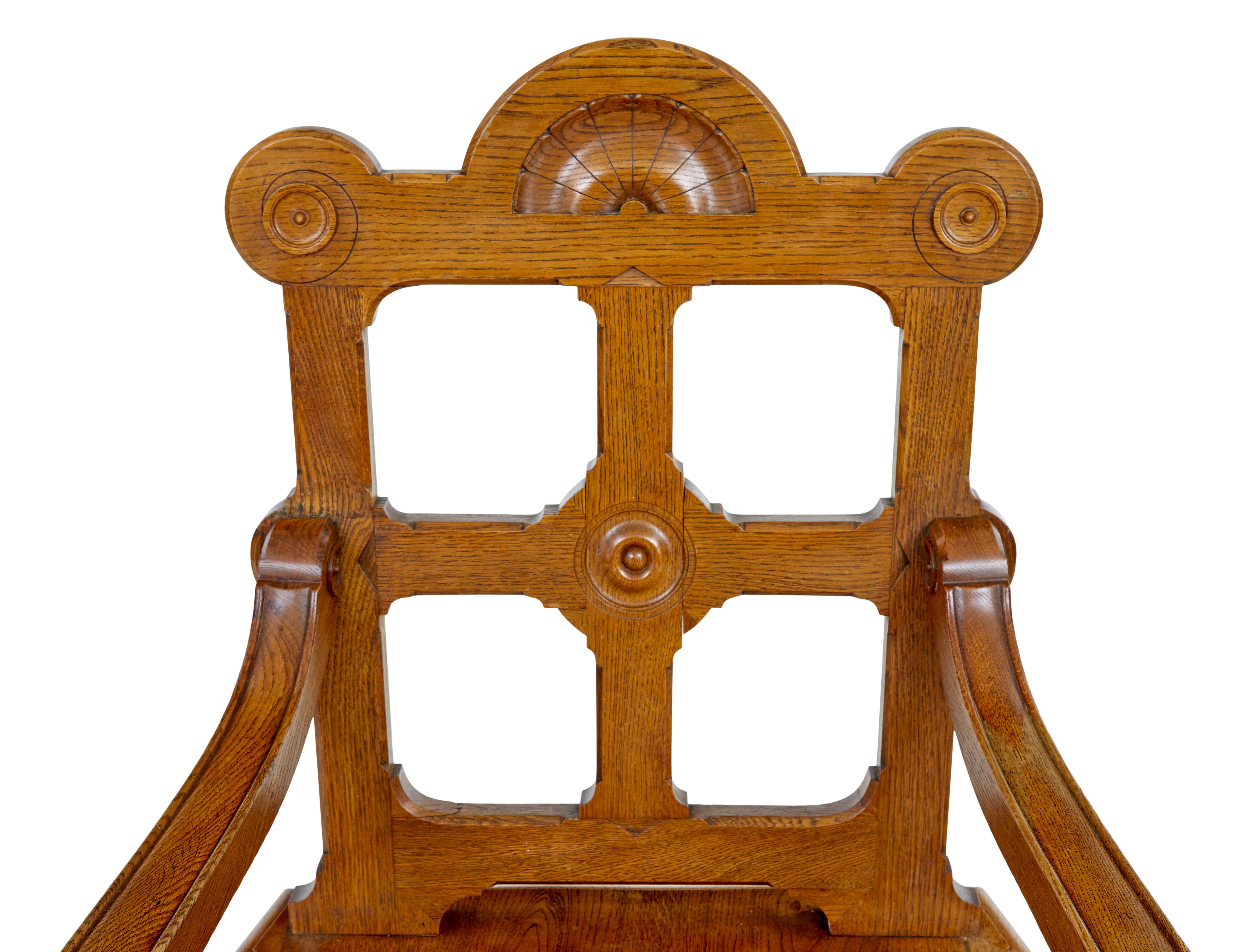 Arts and Crafts Late 19th century carved oak arts and crafts armchair For Sale
