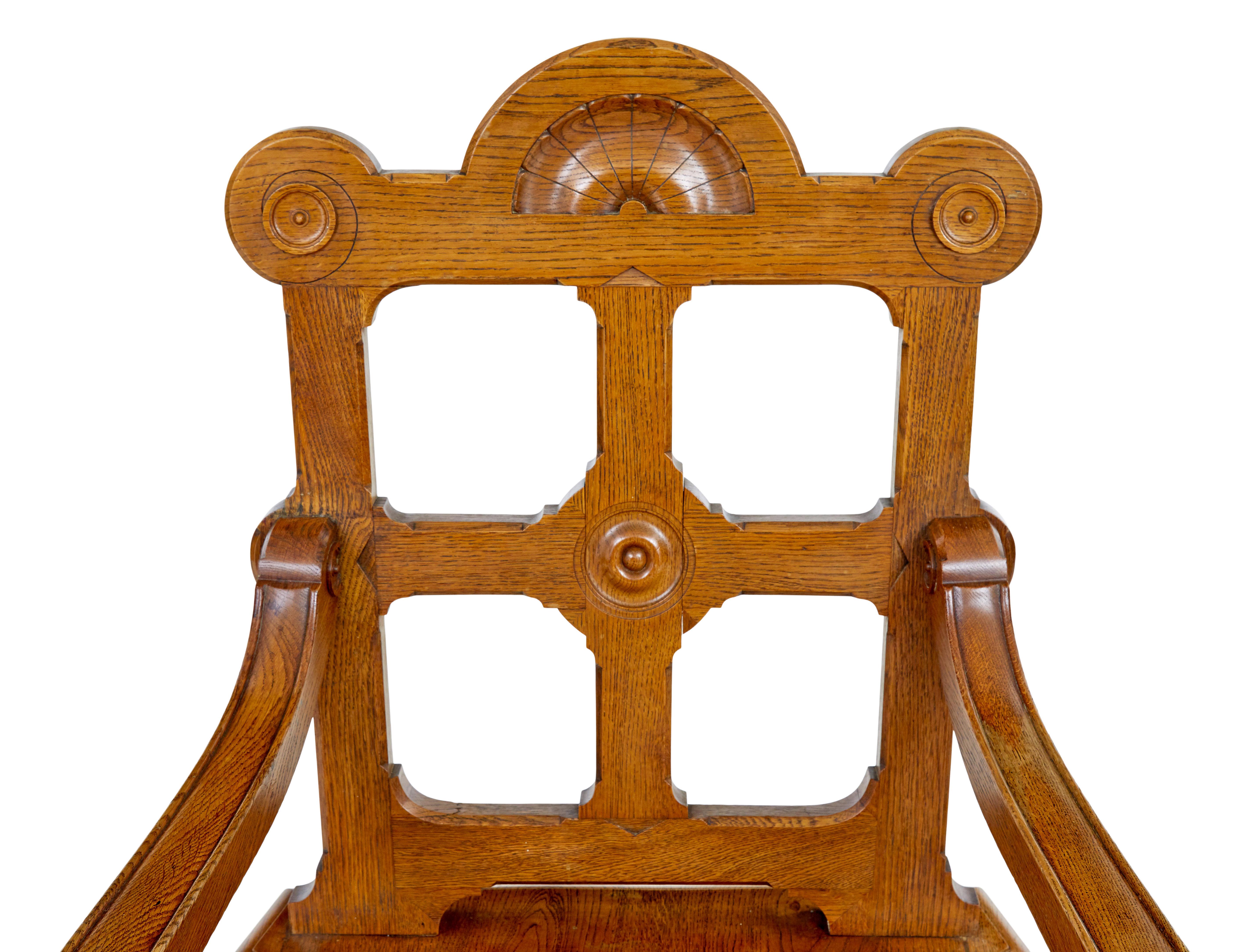 Arts and Crafts Late 19th Century carved oak arts and crafts armchair For Sale