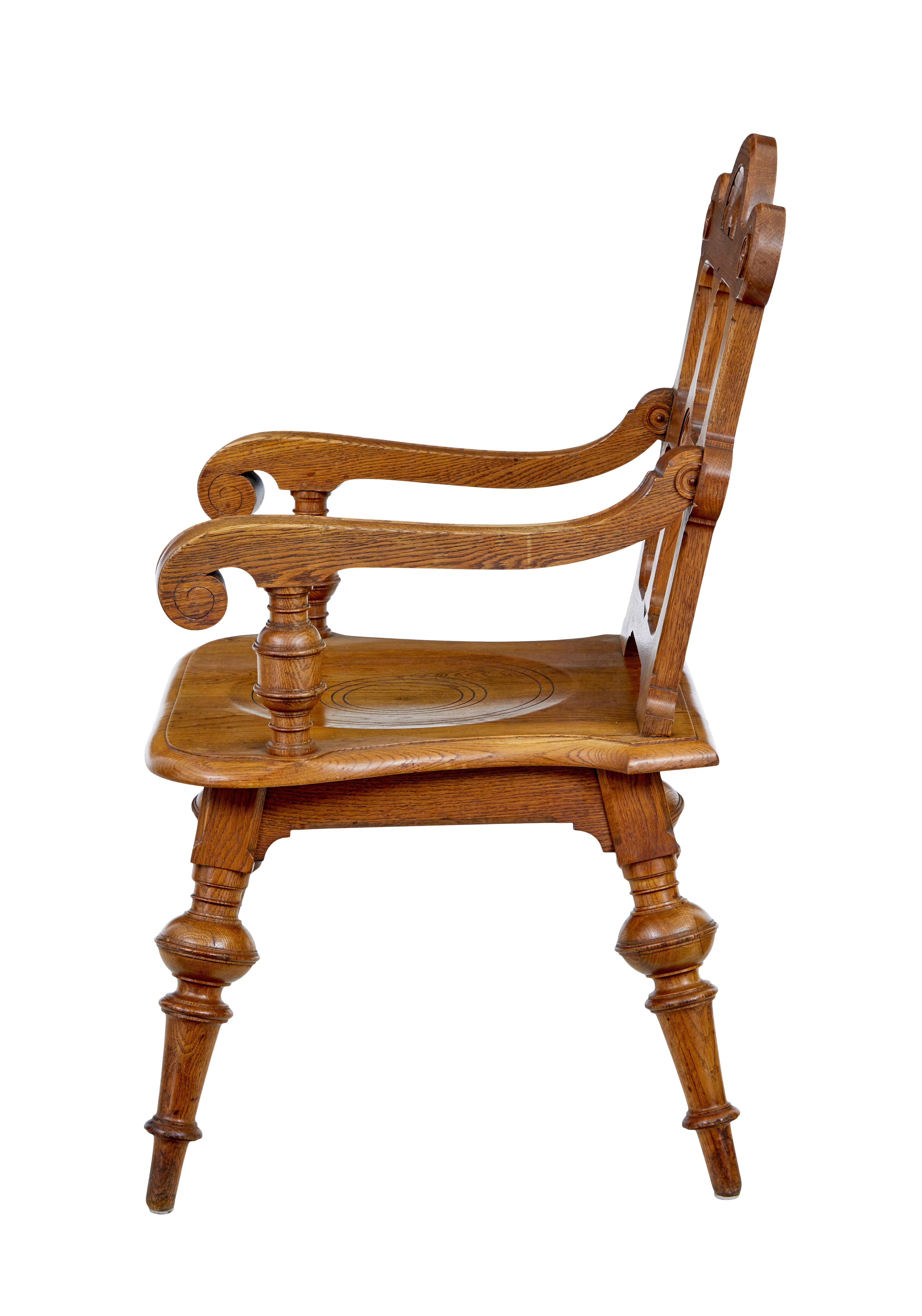 Late 19th century carved oak arts and crafts armchair In Good Condition For Sale In Debenham, Suffolk