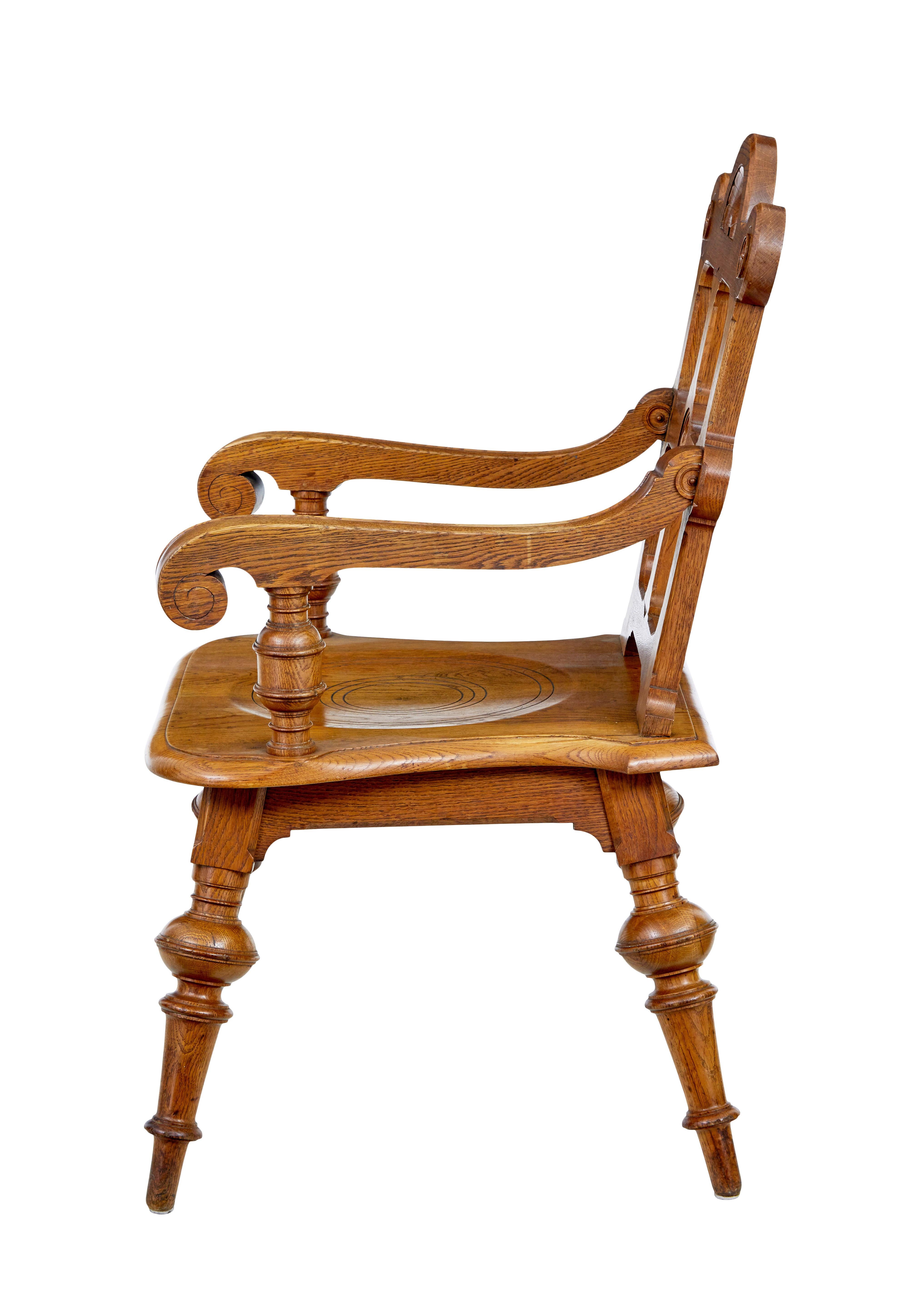Late 19th Century carved oak arts and crafts armchair In Good Condition For Sale In Debenham, Suffolk