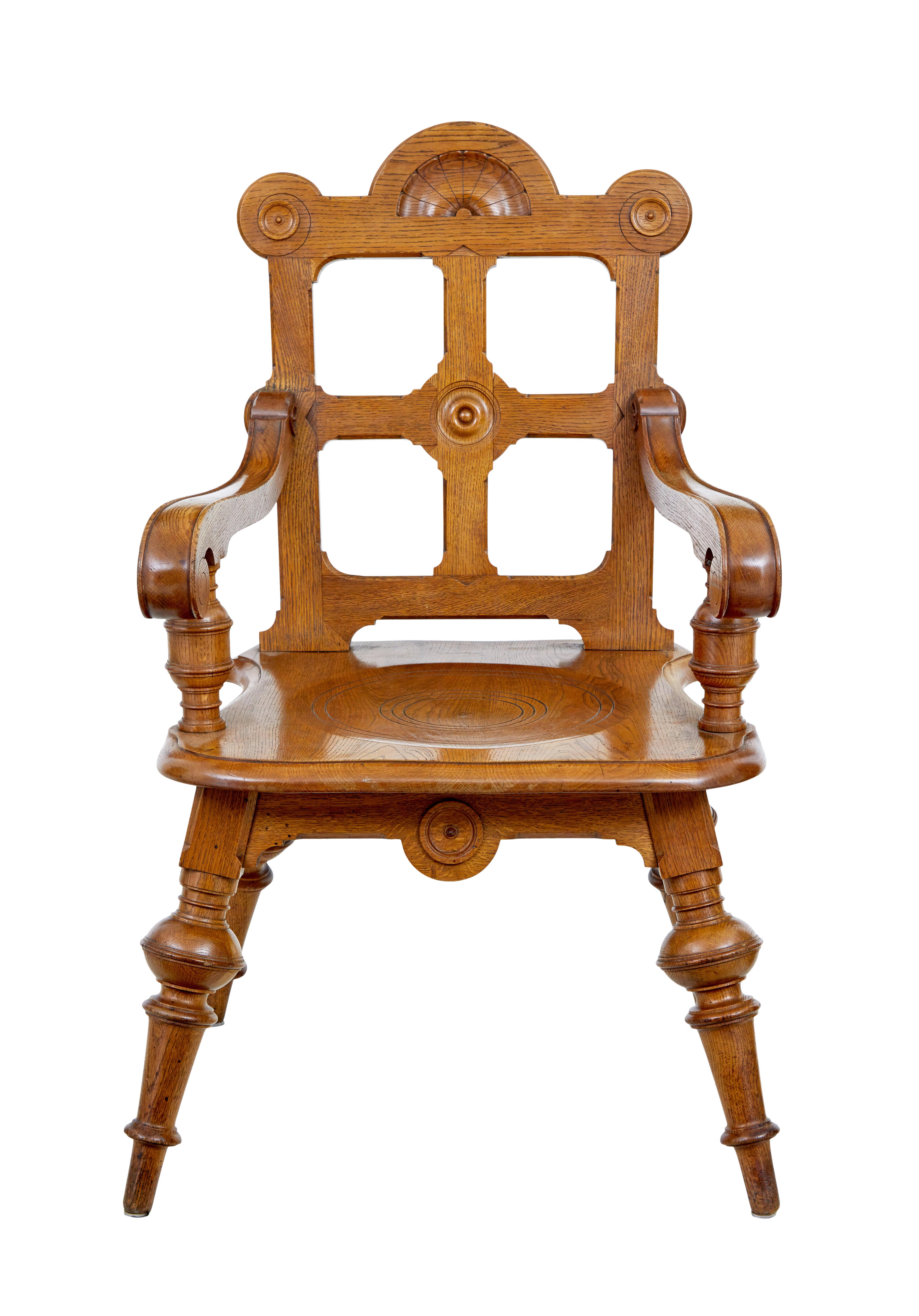 Oak Late 19th Century carved oak arts and crafts armchair For Sale