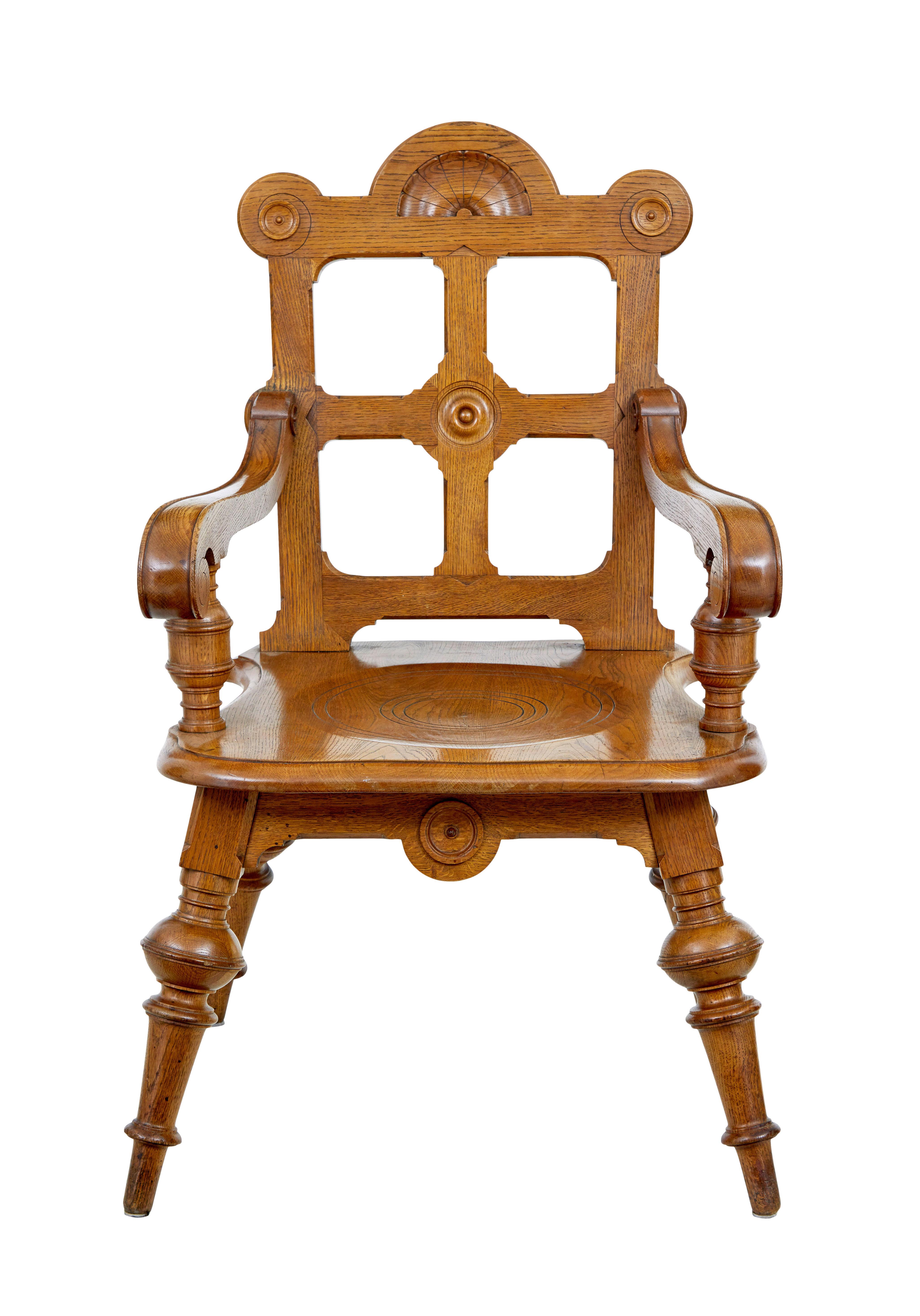 Oak Late 19th Century carved oak arts and crafts armchair For Sale
