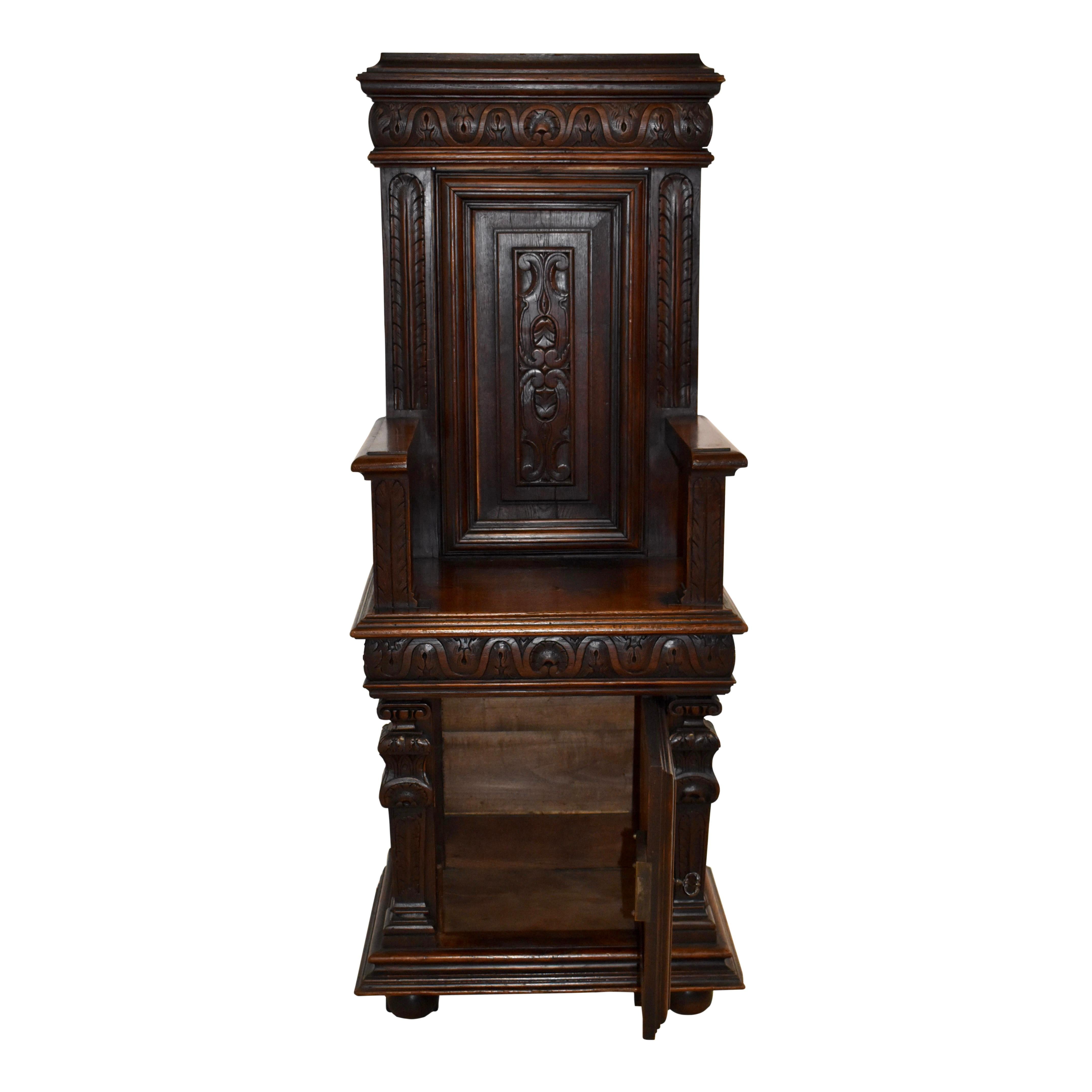 Fit for a king or queen, this royal-looking hall chair was actually designed for a bishop. Bishop's chairs were larger than other seating in the church as a symbol of the immense responsibility placed on the bishop. This chair is made of oak and