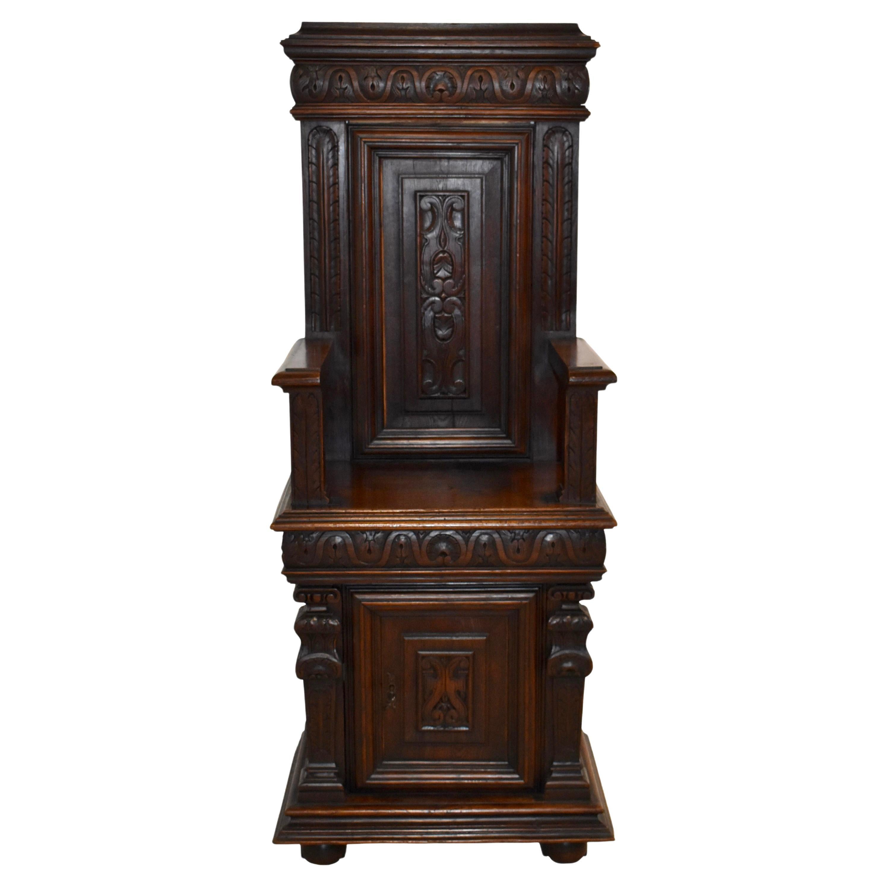 Late 19th Century Carved Oak Bishop's High Back Throne Chair with Storage For Sale
