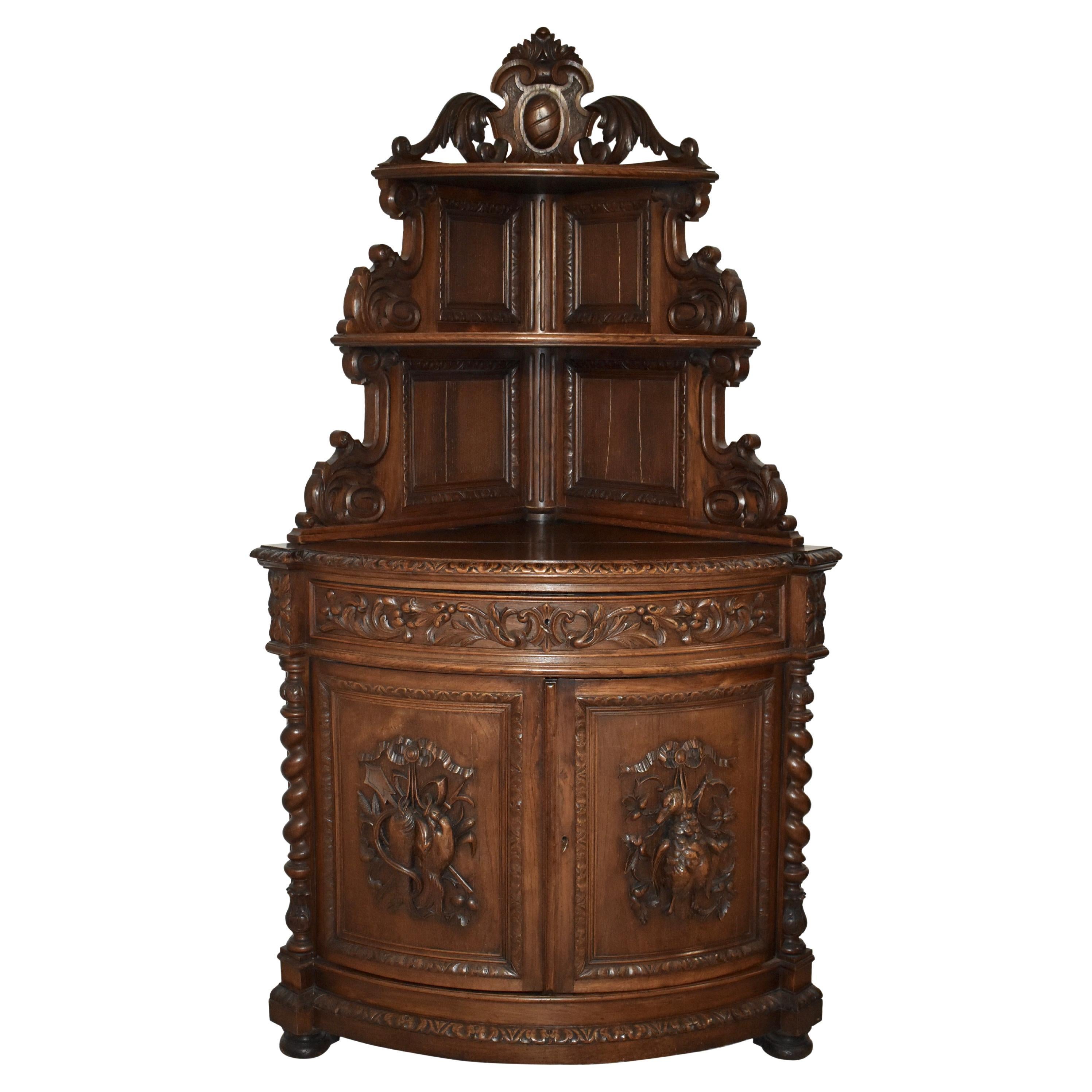 Late-19th Century Carved Oak Bow Front Hunt Corner Cabinet For Sale