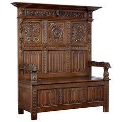 Late 19th Century Carved Oak Box Settle