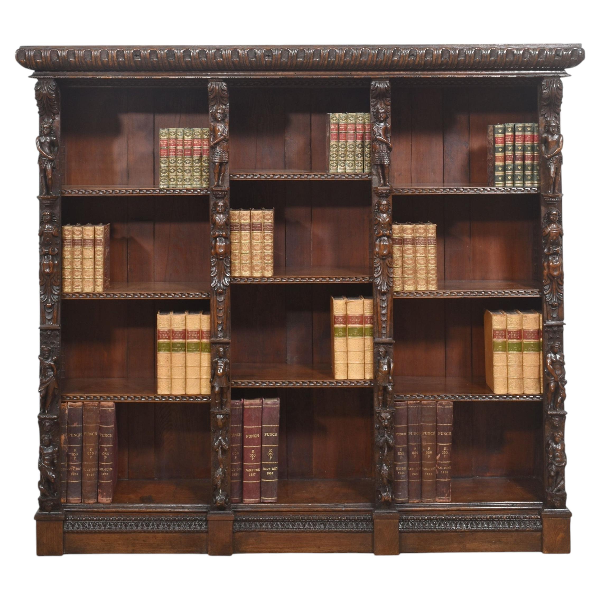 Late 19th Century Carved Oak Renaissance Revival Open Bookcase For Sale