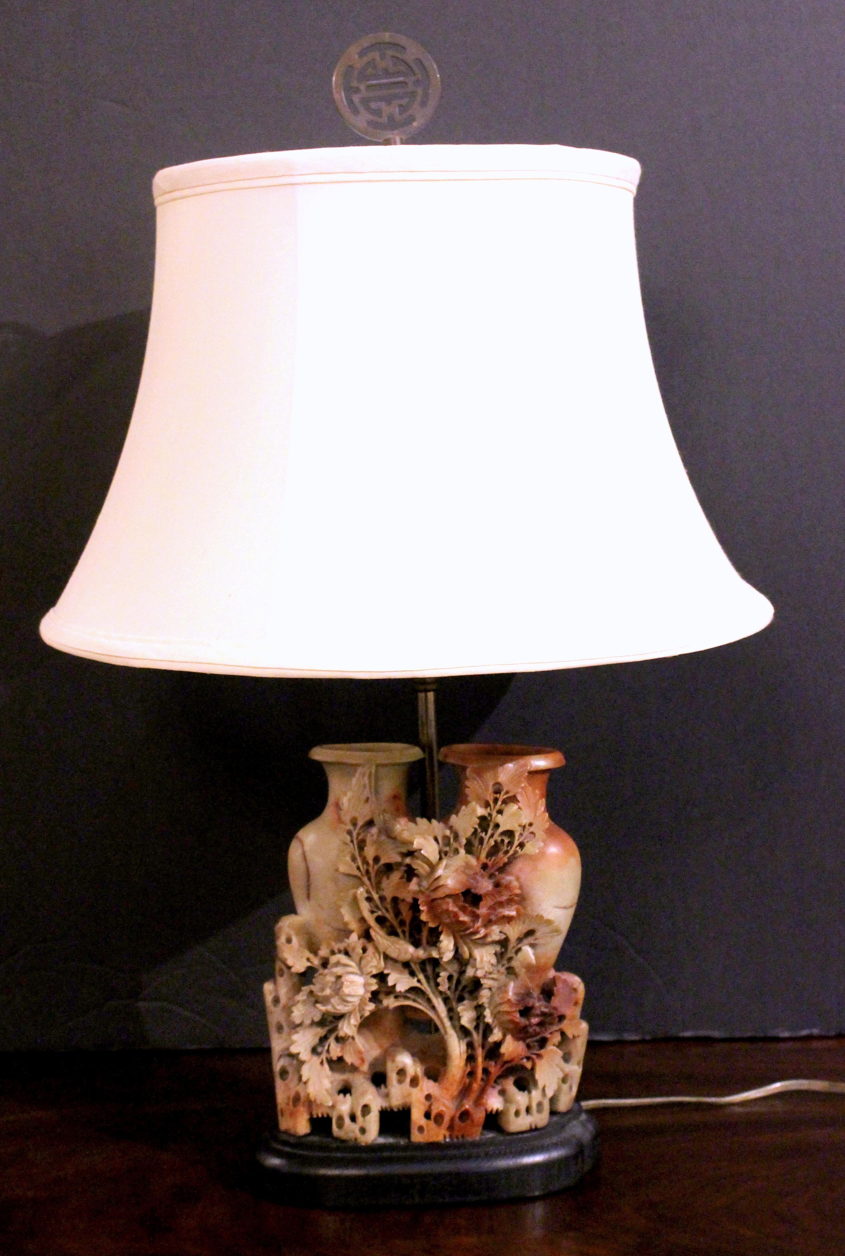 Late 19th Century Carved Soapstone Double Vase Made into a Lamp, Chinese 6