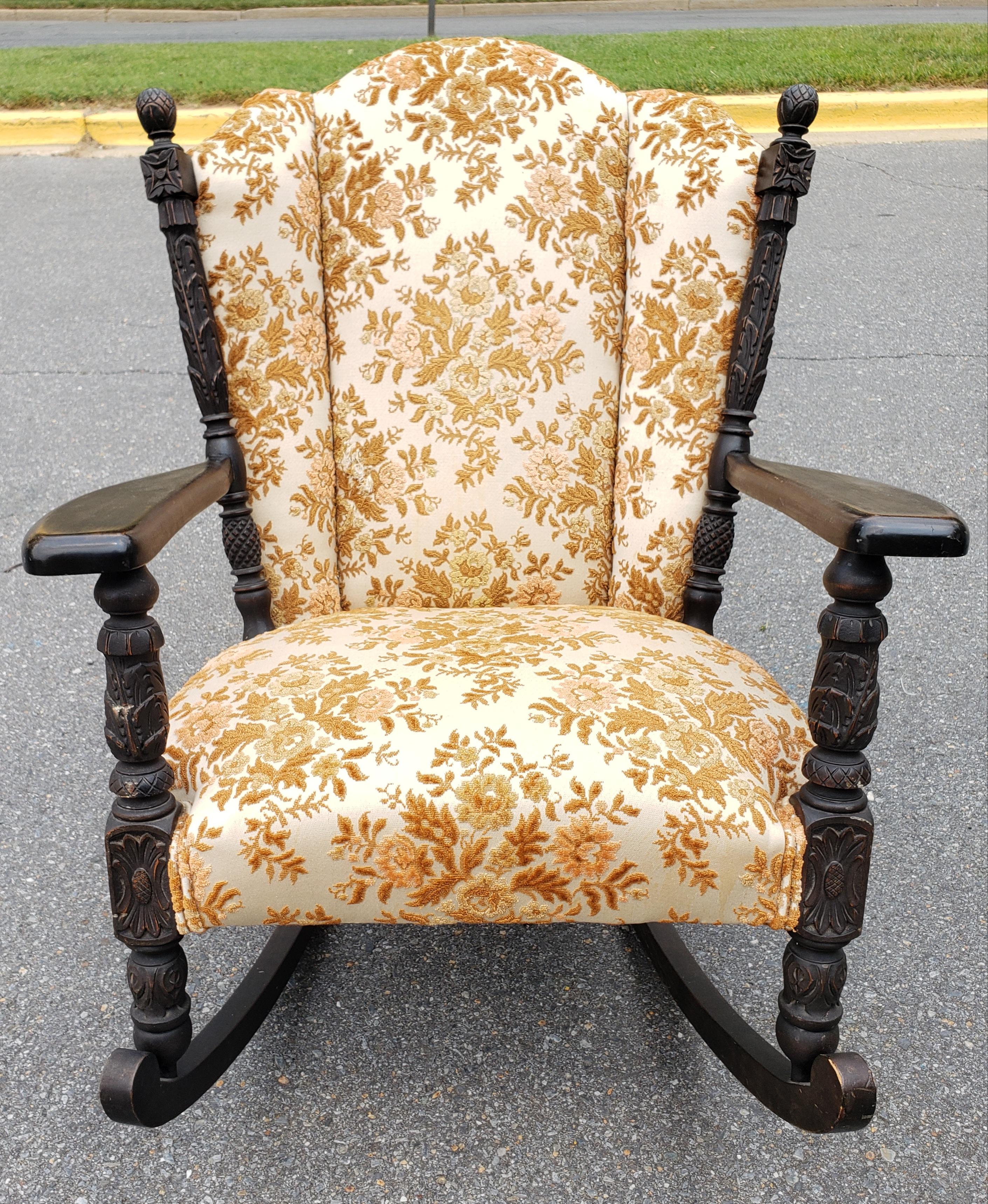 Hand-Carved Late 19th Century Carved Walnut and Upholstered Rocker For Sale