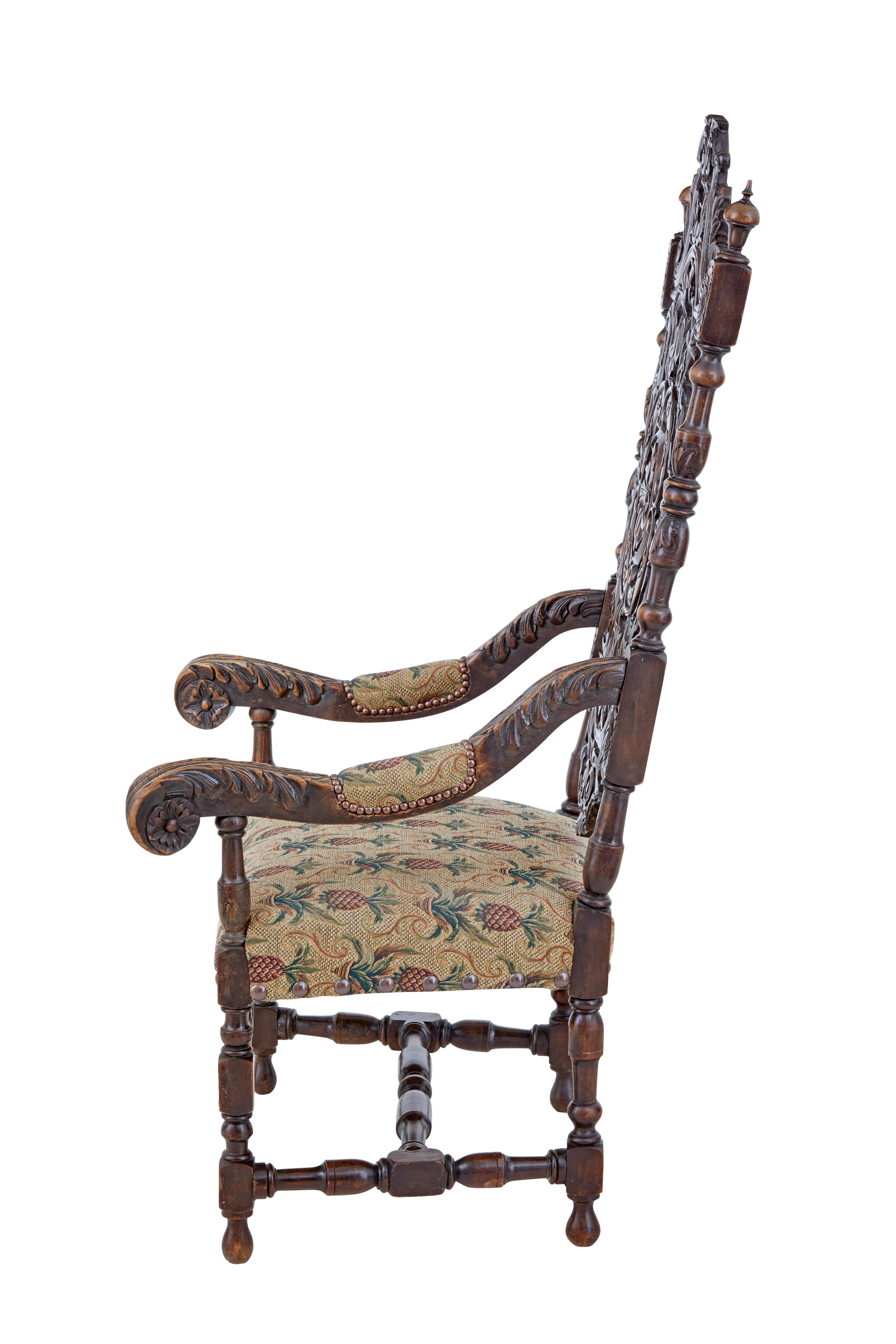 Victorian Late 19th Century Carved Walnut Carolean Design Armchair