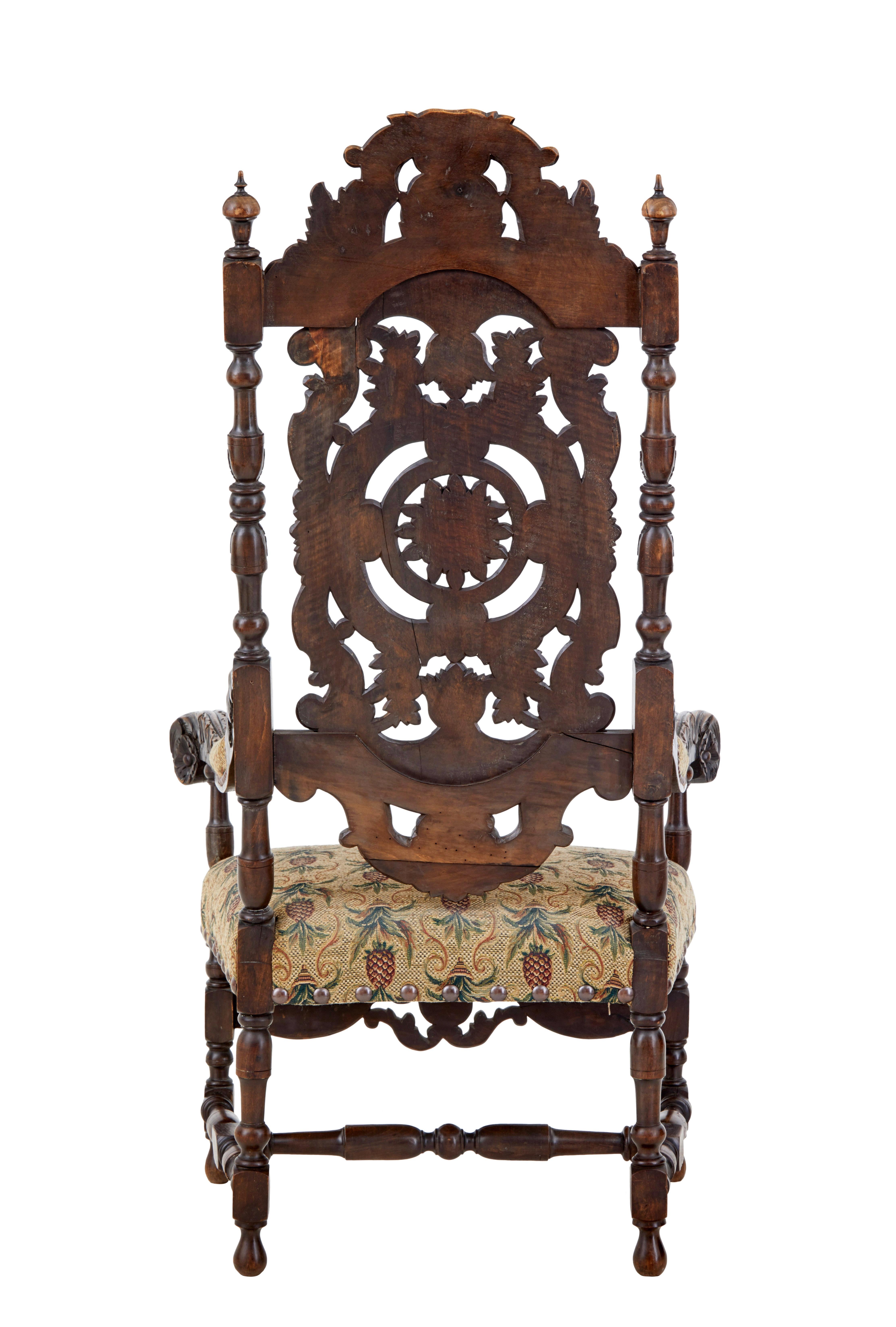 English Late 19th Century Carved Walnut Carolean Design Armchair