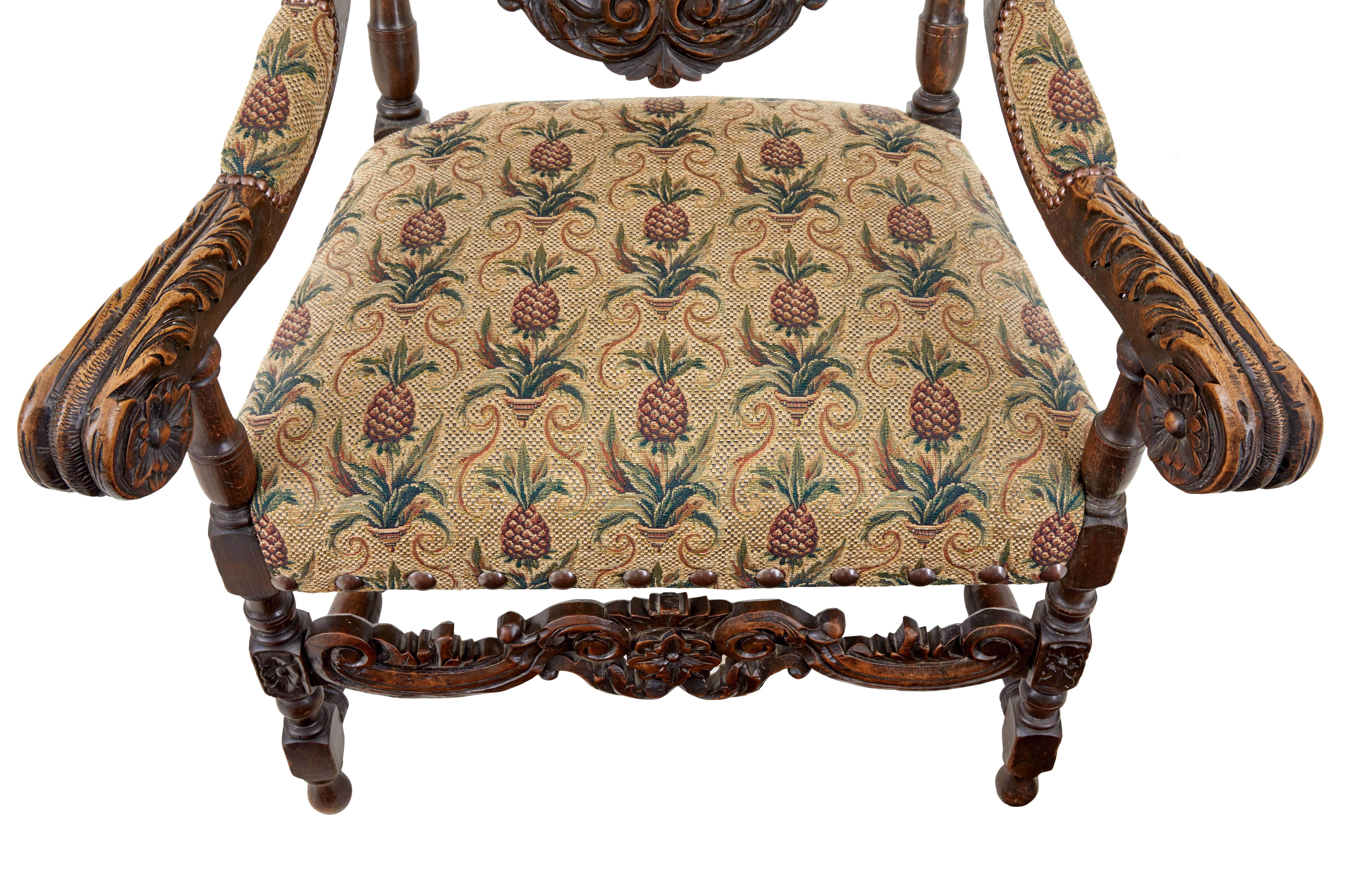 British Late 19th Century Carved Walnut Carolean Design Armchair