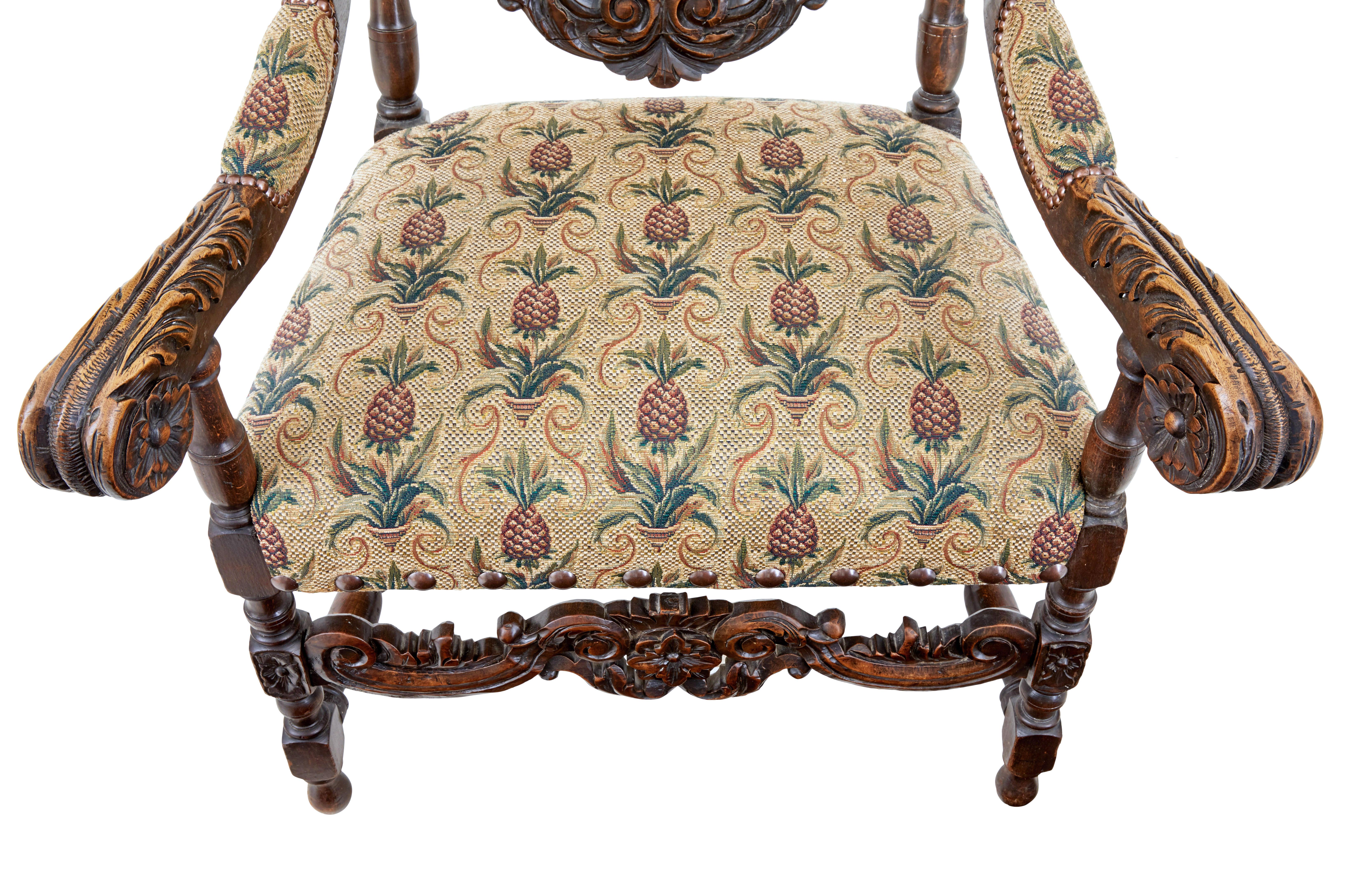 Late 19th Century Carved Walnut Carolean Design Armchair In Good Condition In Debenham, Suffolk