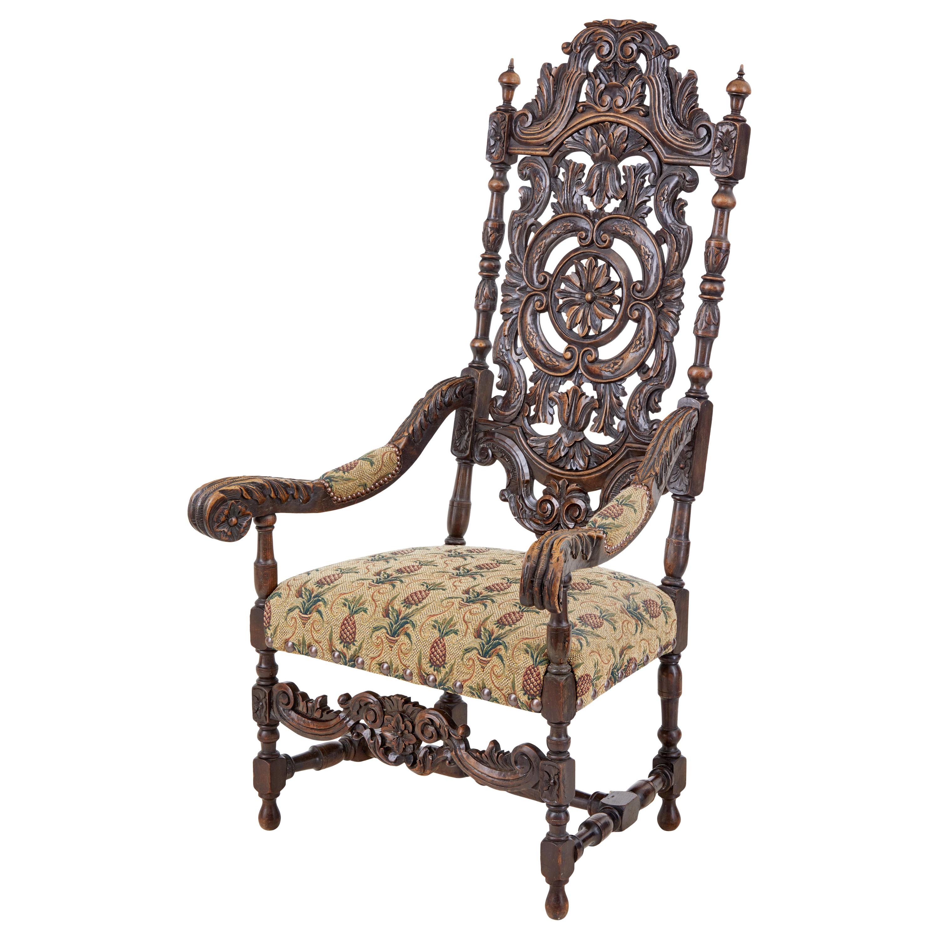 Late 19th Century Carved Walnut Carolean Design Armchair