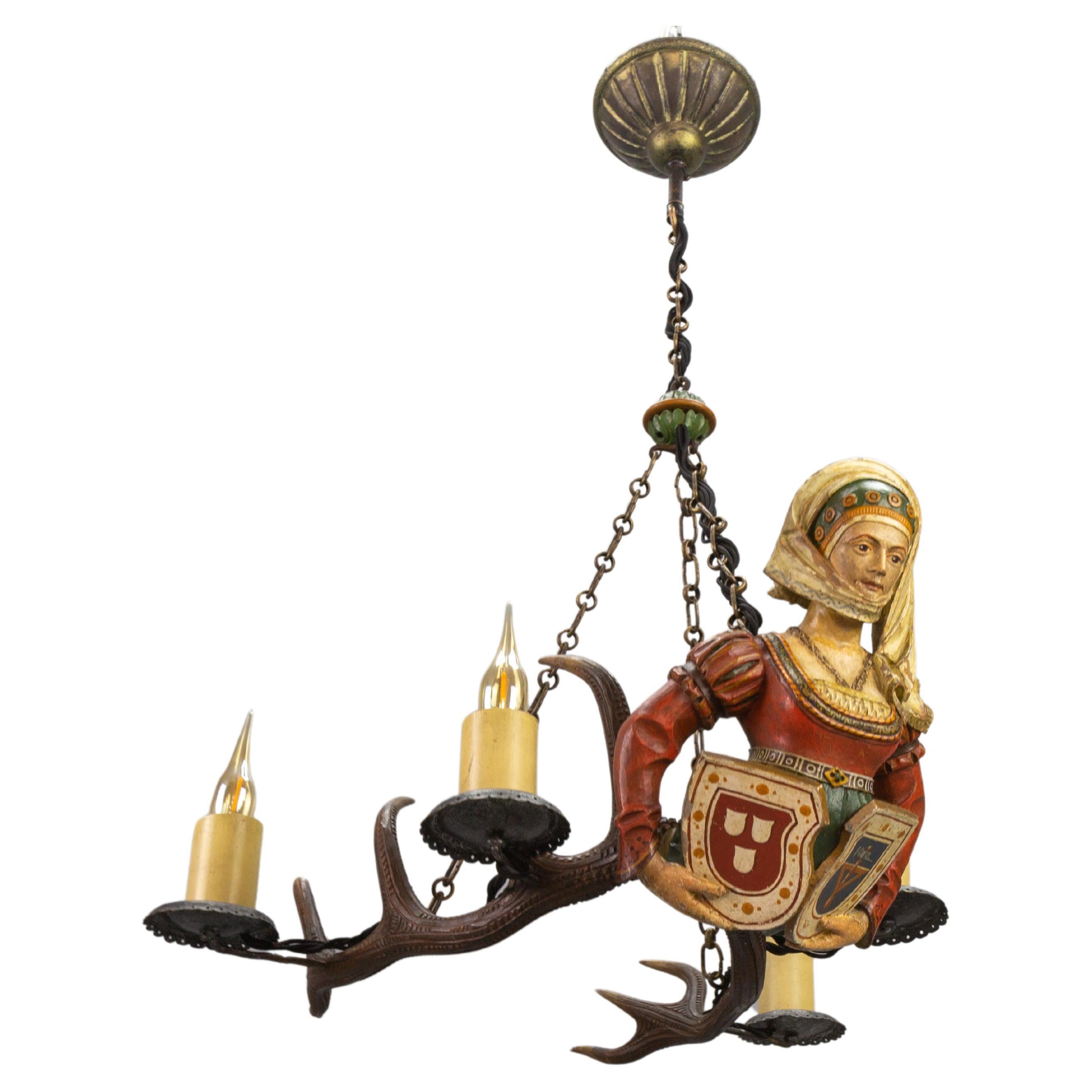 Late 19th Century Carved Wooden Lüsterweibchen Four-Light Chandelier For Sale