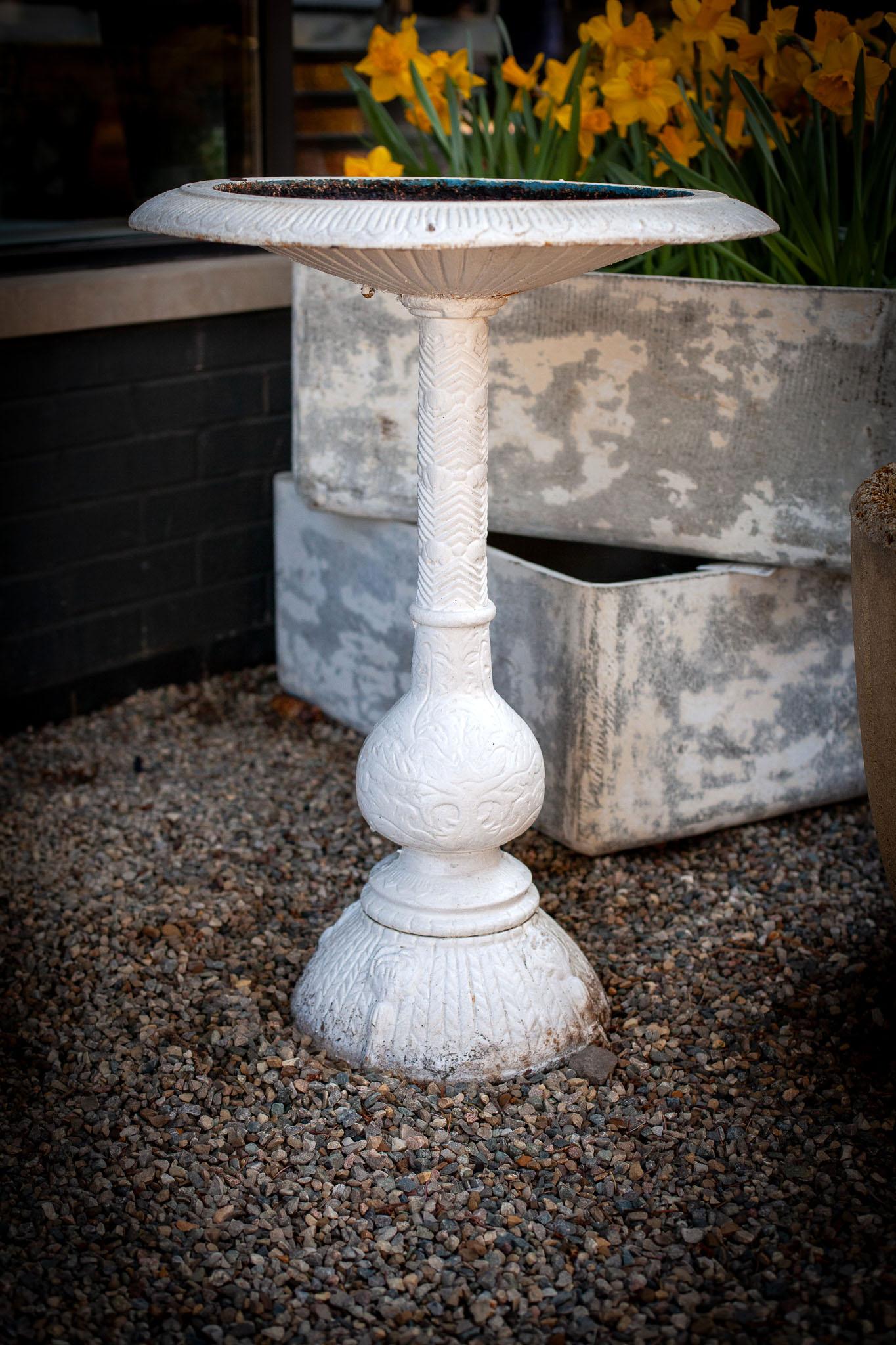 fleurdetroit presents for your consideration, this refined and delicate, iron birdbath with its wonderful cast motifs. It is the perfect accent for any garden or intimate garden room. 
