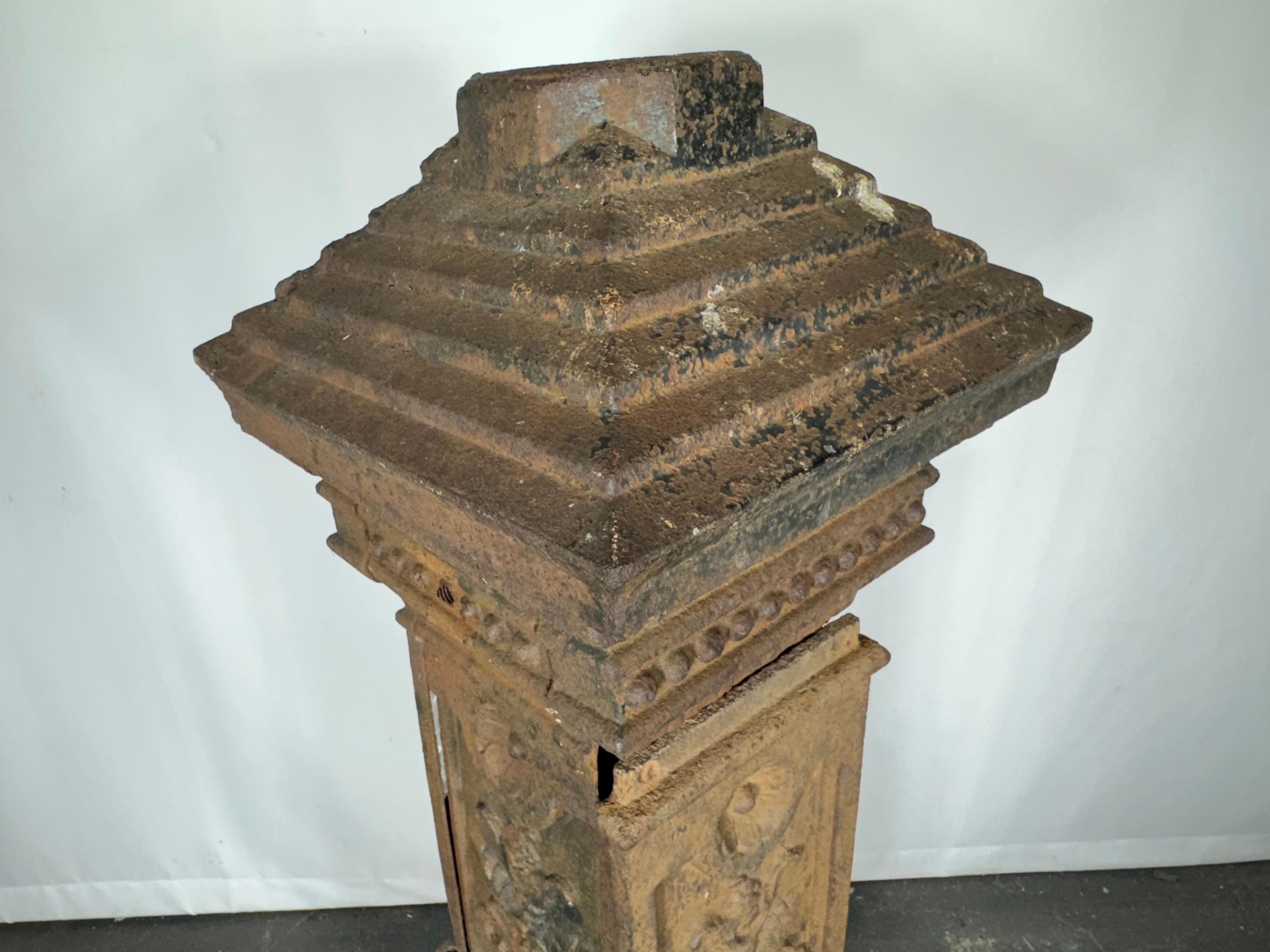 Late 19TH Century Cast Iron Lamp Post Base heavy decorative floral relief ..Wonderful design,, 4-sided, (MATCHING) one panel removable (access panel) Great garden element,, sculpture,, Hand delivery avail to New York City or anywhere en route from