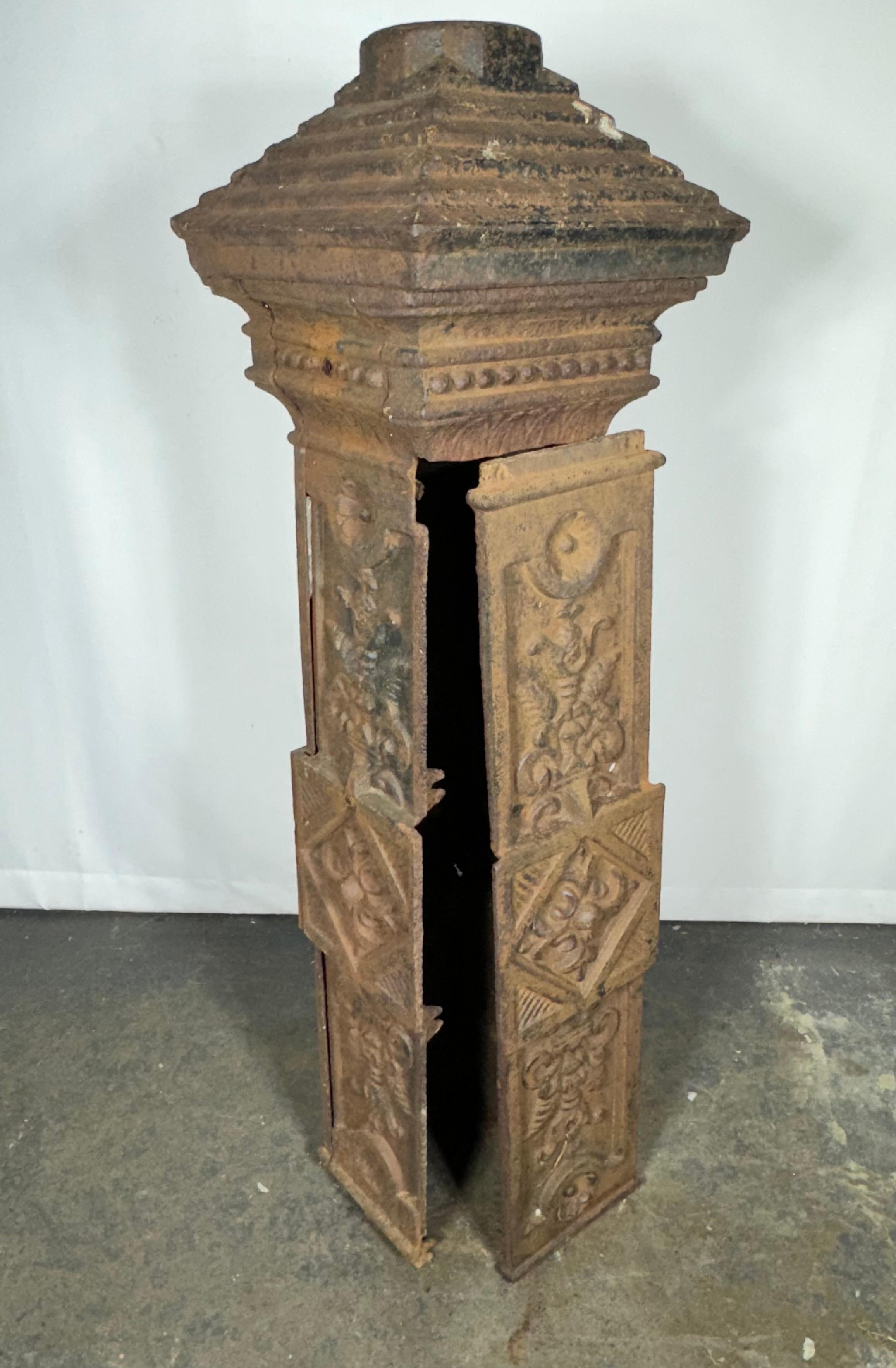 Gothic Revival Late 19TH Century Cast Iron Lamp Post Base heavy decorative floral relief For Sale