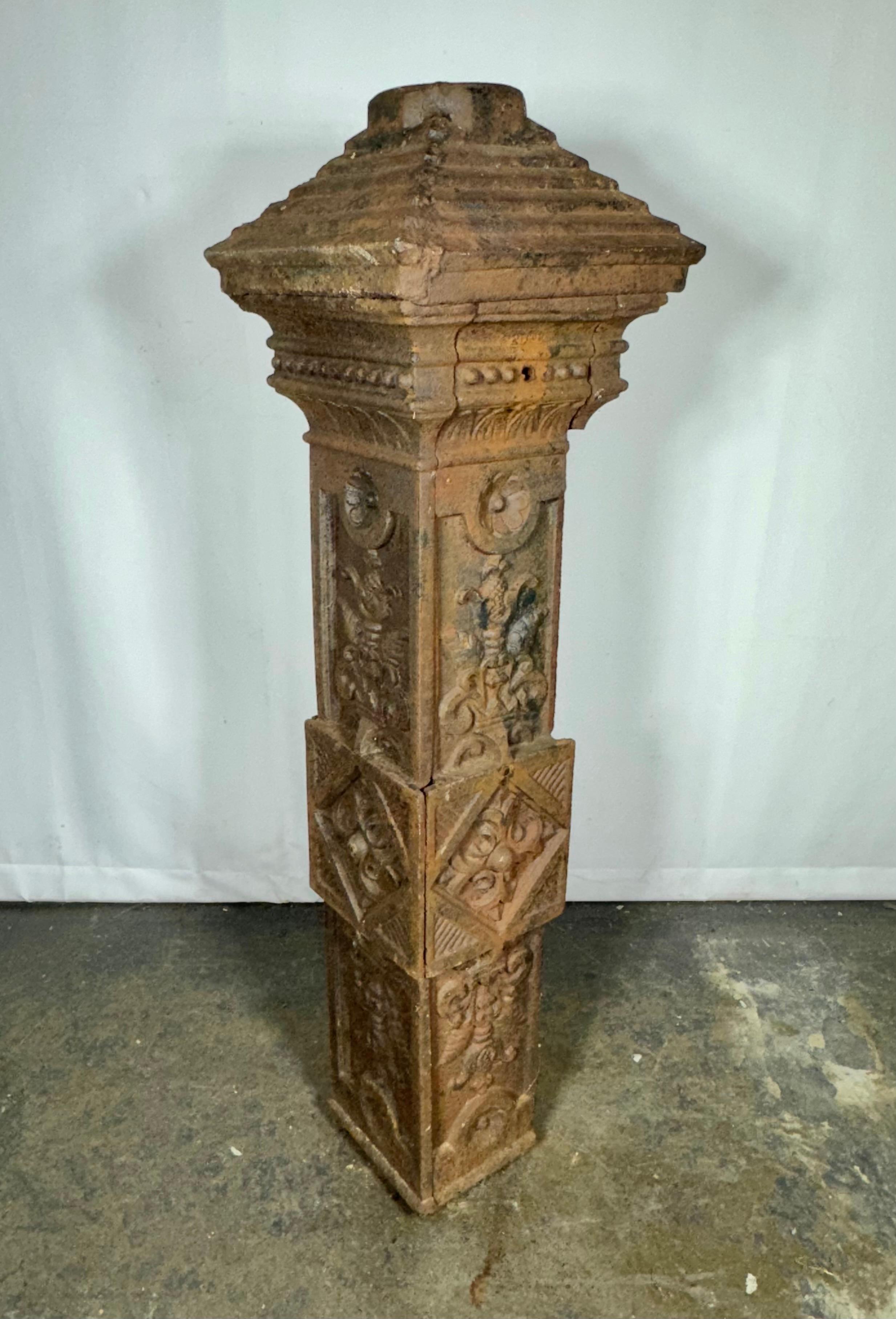 Late 19TH Century Cast Iron Lamp Post Base heavy decorative floral relief In Distressed Condition For Sale In Buffalo, NY
