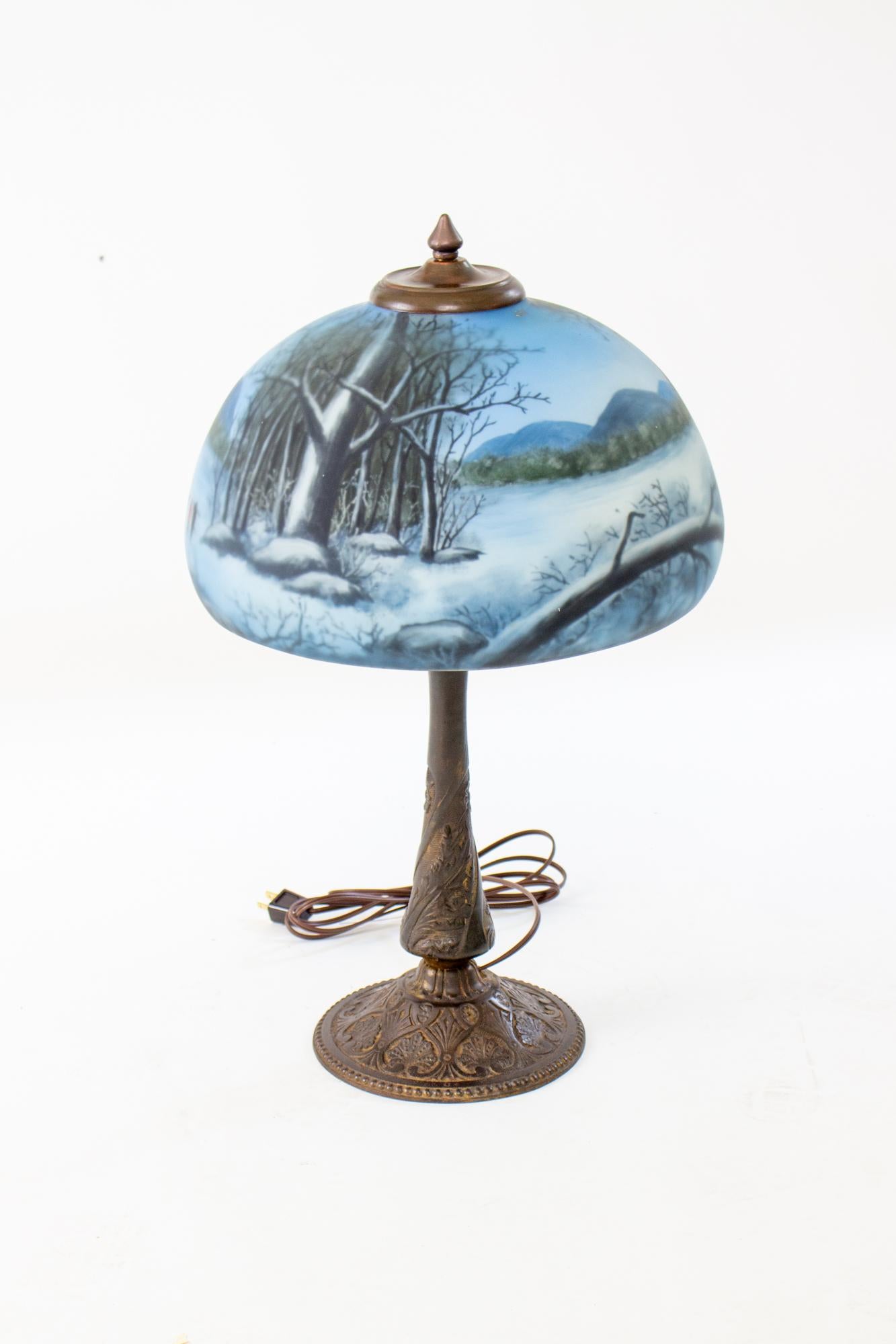 Aesthetic Movement Late 19th Century Cast Iron Table Lamp with Wintery Blue Reverse Painted Glass S For Sale