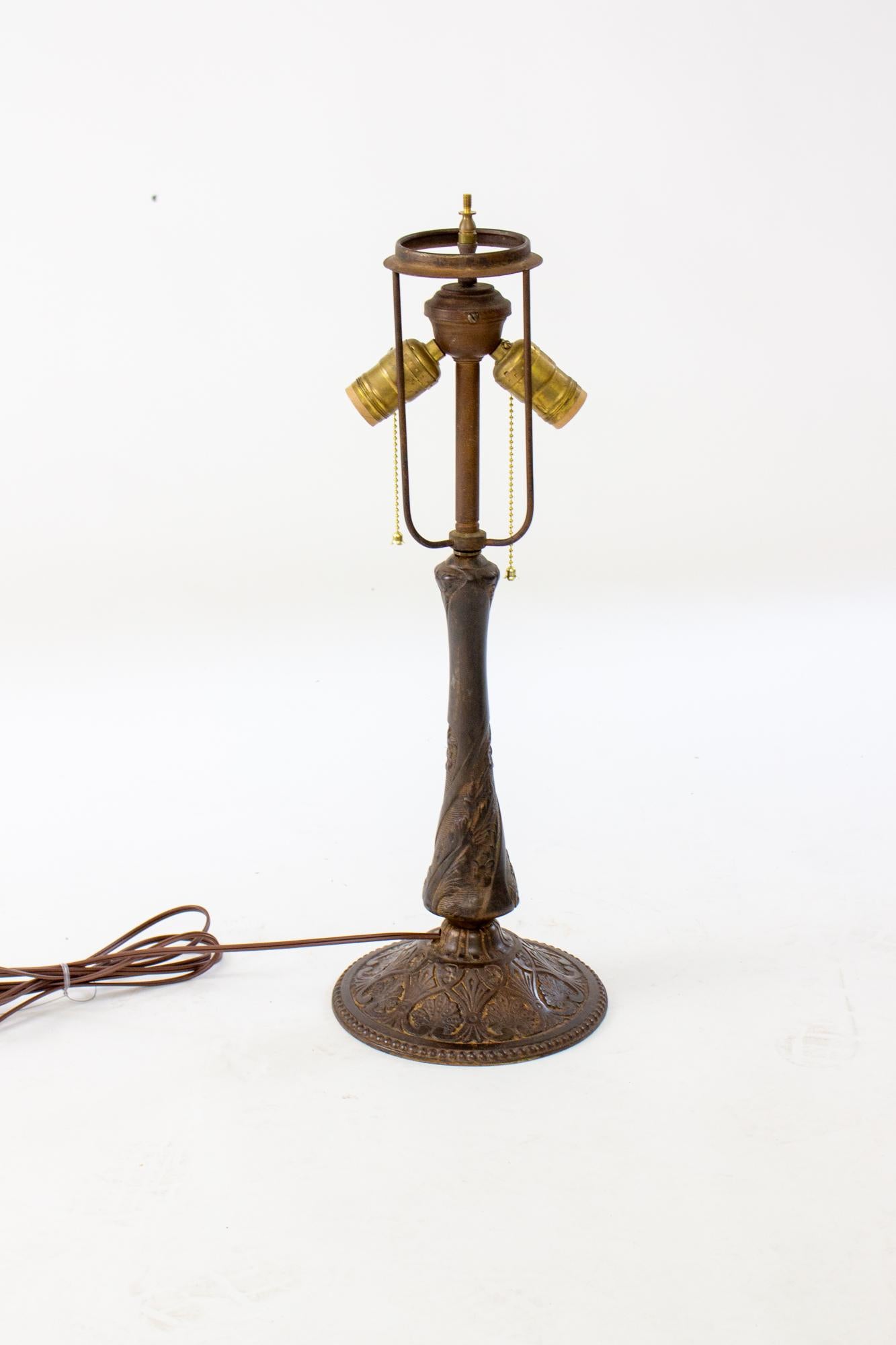 Late 19th Century Cast Iron Table Lamp with Wintery Blue Reverse Painted Glass S In Good Condition For Sale In Canton, MA