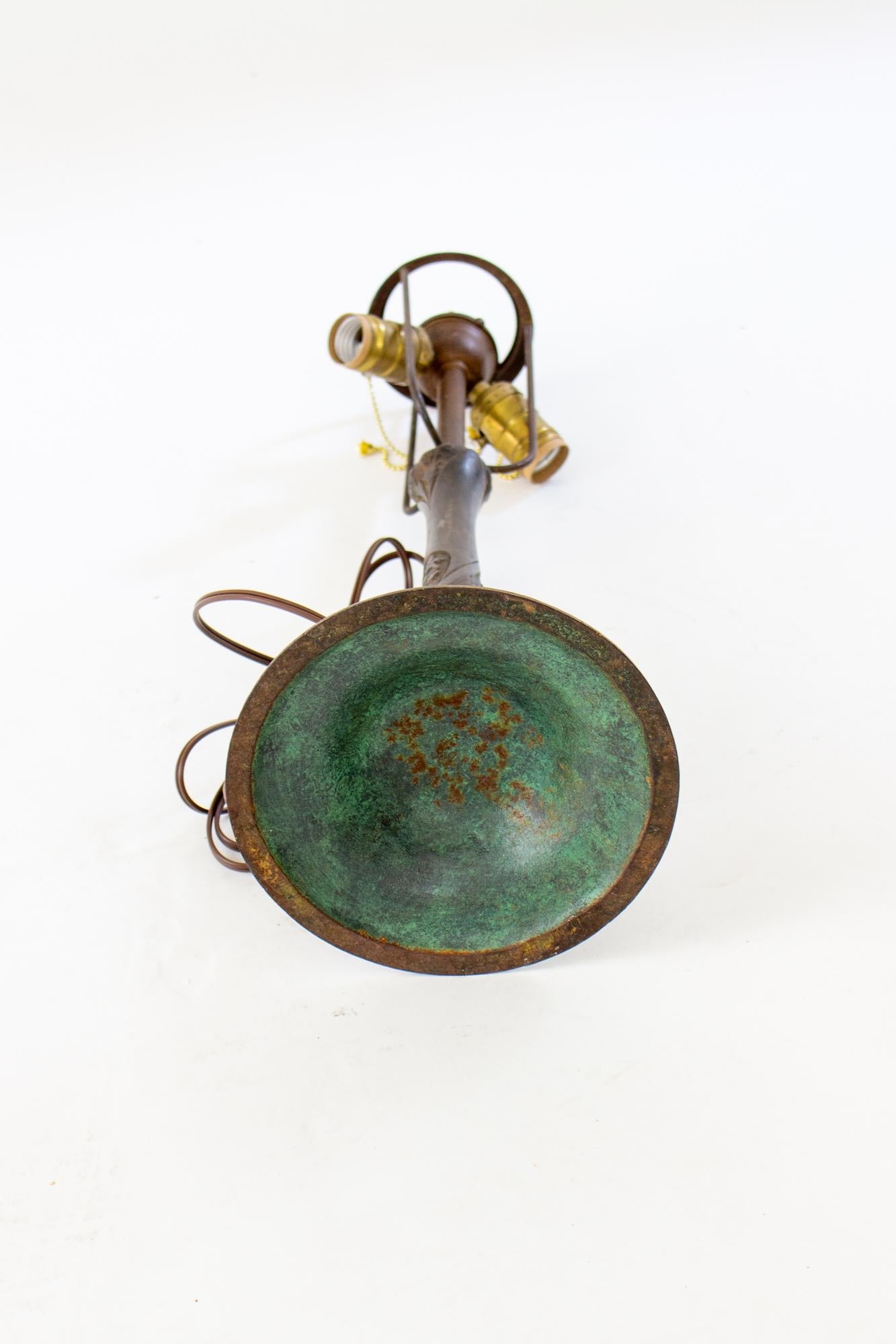 Art Glass Late 19th Century Cast Iron Table Lamp with Wintery Blue Reverse Painted Glass S For Sale