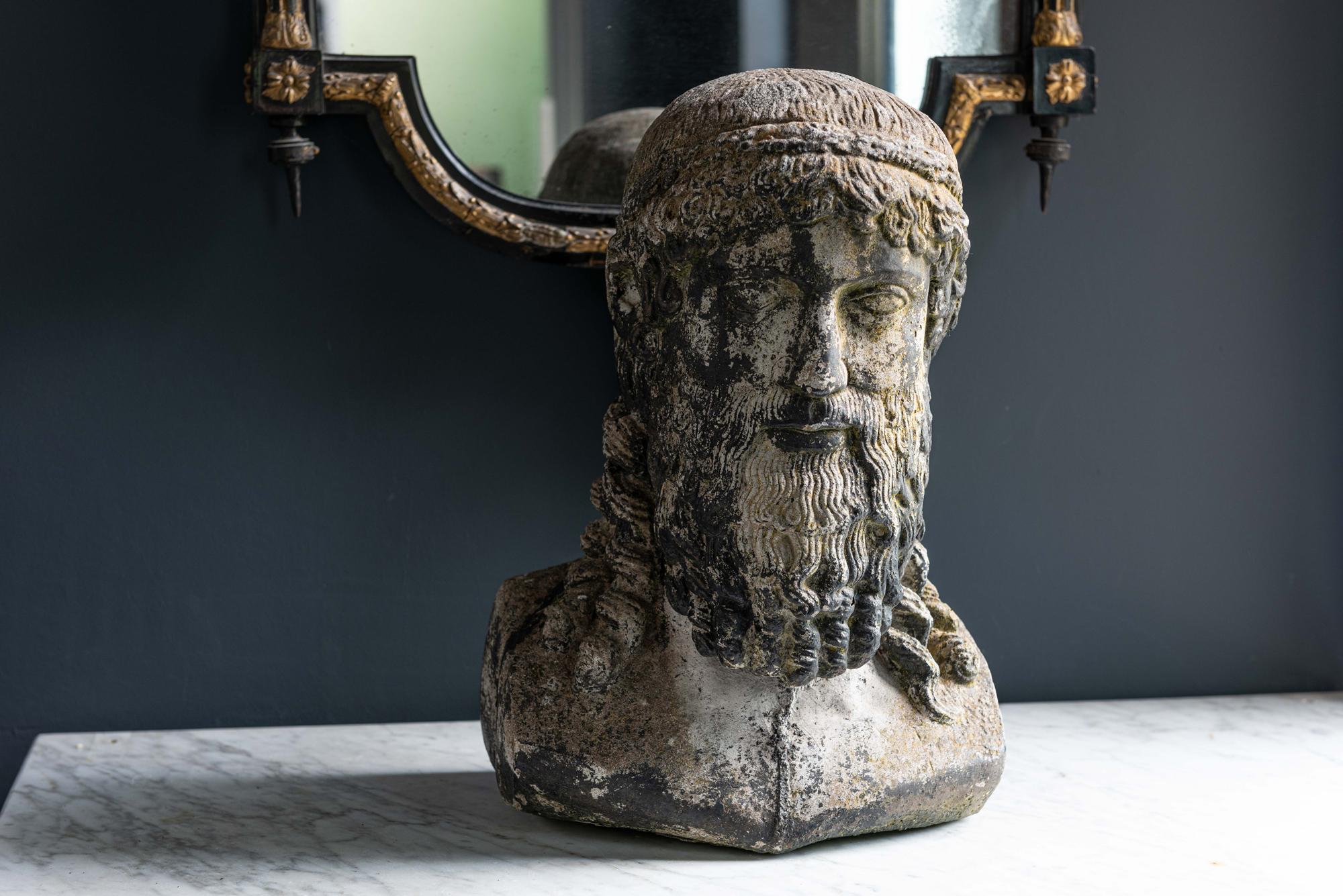 British Late 19th Century Cast Stone Bust of Zeus/Poseidon