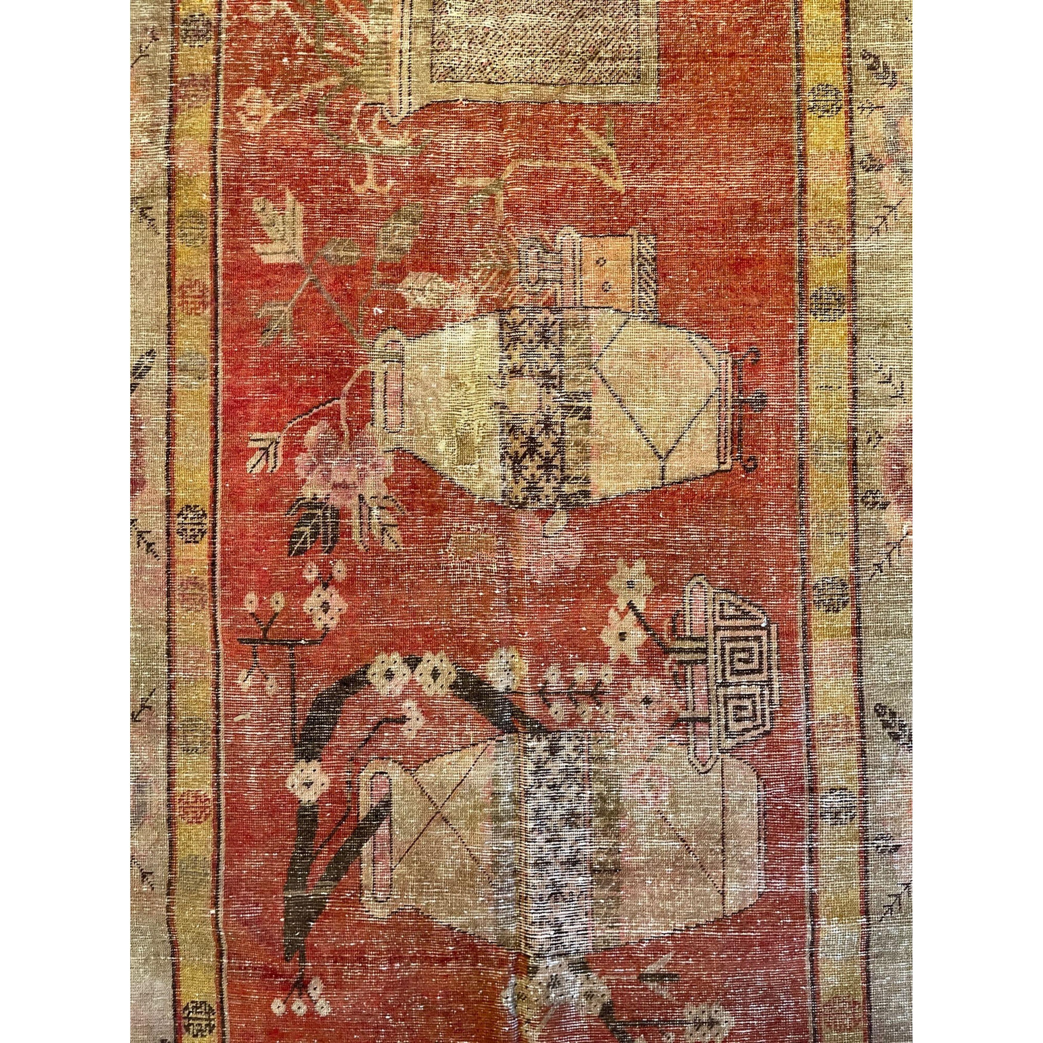 Antique Samarkand Rugs: The desert oasis of Khotan was an important stop on the Silk Road. The people of Khotan were expert carpet weavers who produced high quality antique rugs and carpets for both internal and the commercial trade. Samarkand