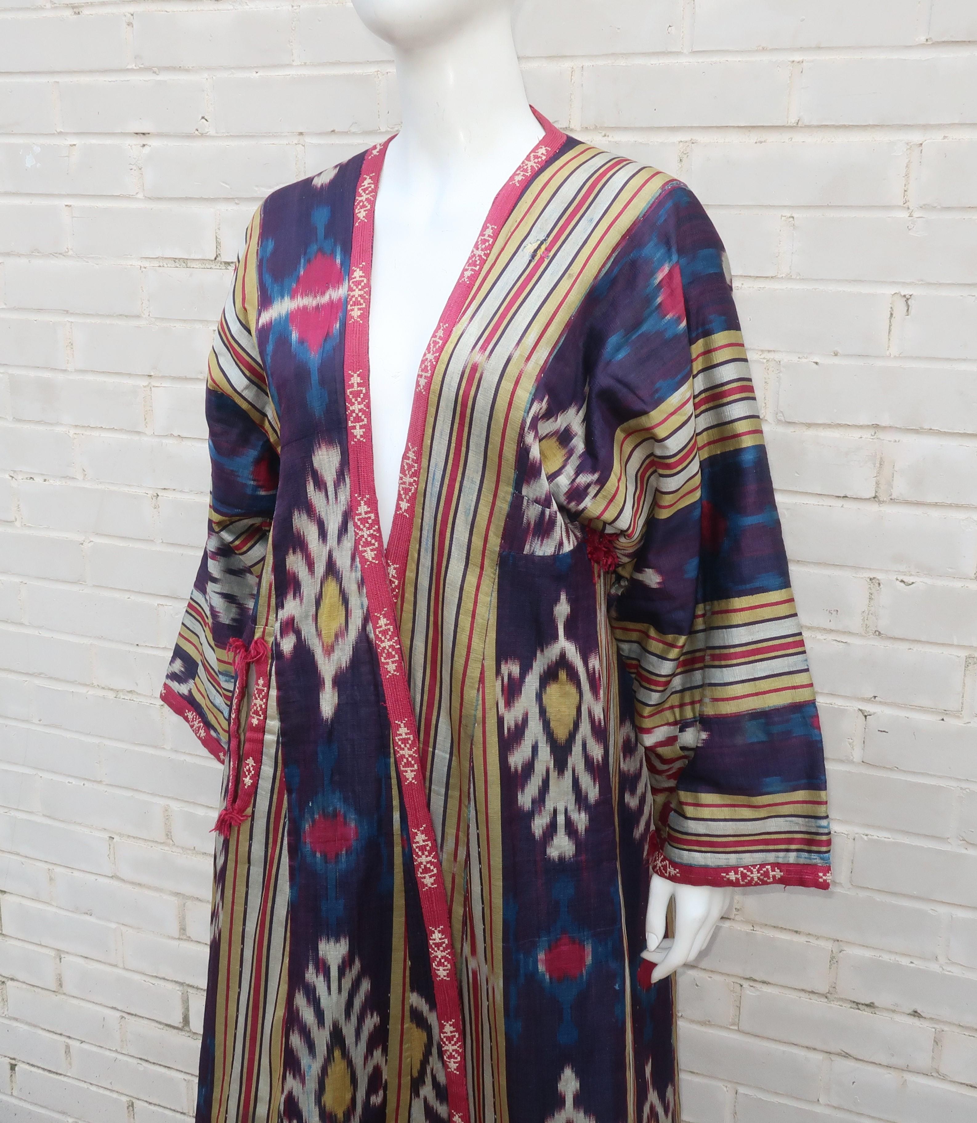 Black Late 19th Century Central Asian Silk Ikat Chapan Robe Coat