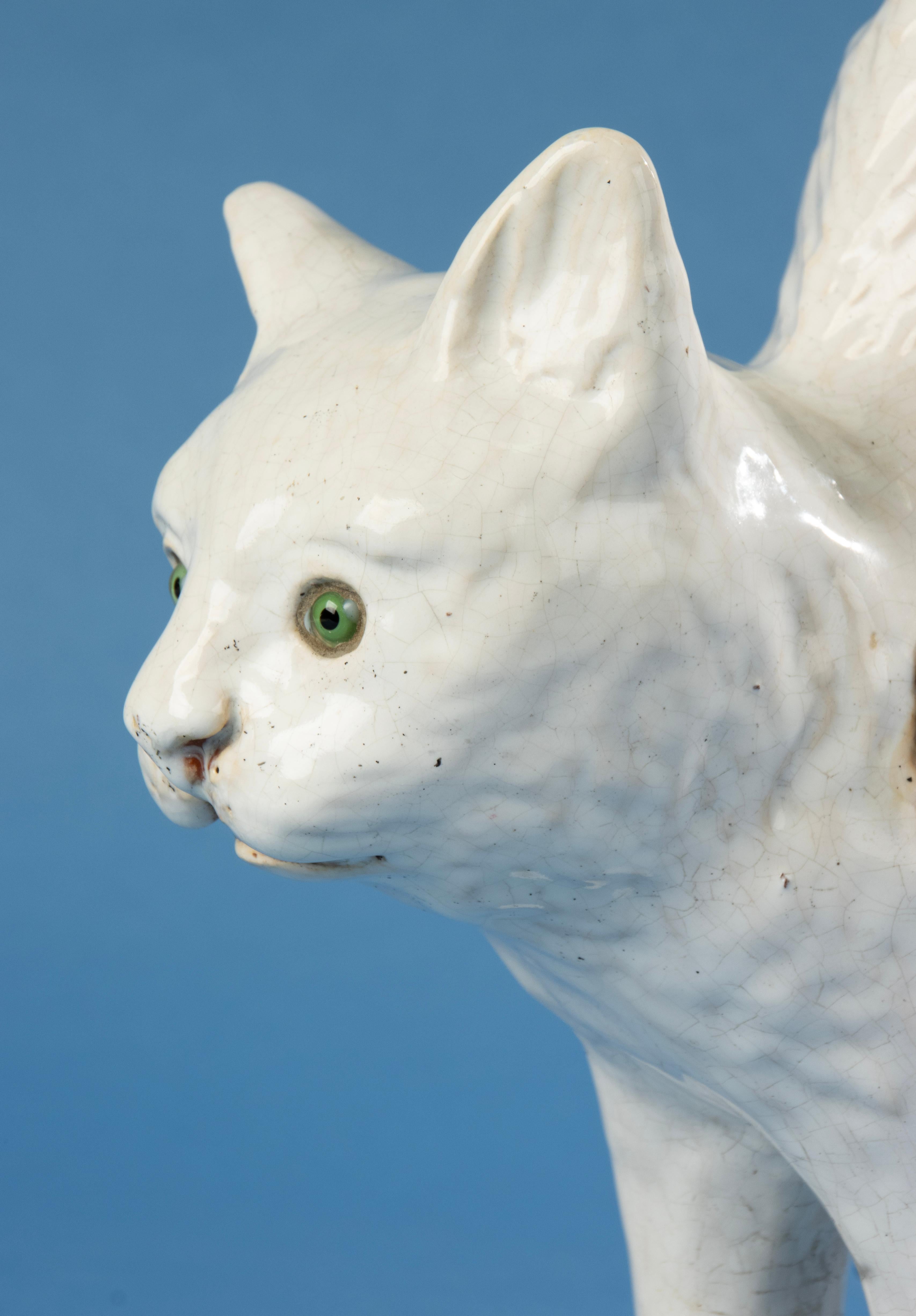 Belle Époque Late 19th Century Ceramic Cat - Mesnil Bavent - Tin Glaze  For Sale