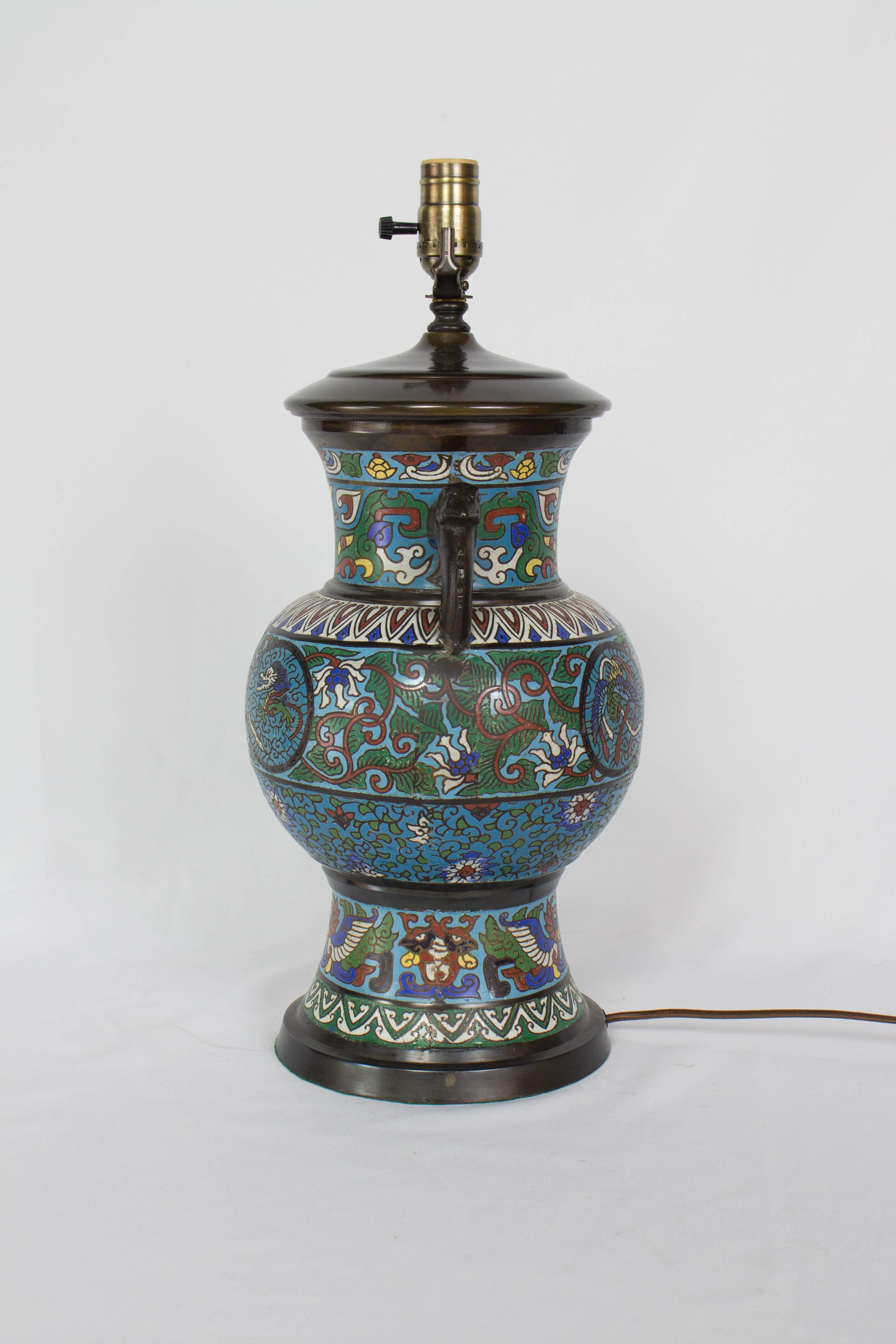 Late 19th Century Champleve Table Lamp In Good Condition For Sale In Canton, MA