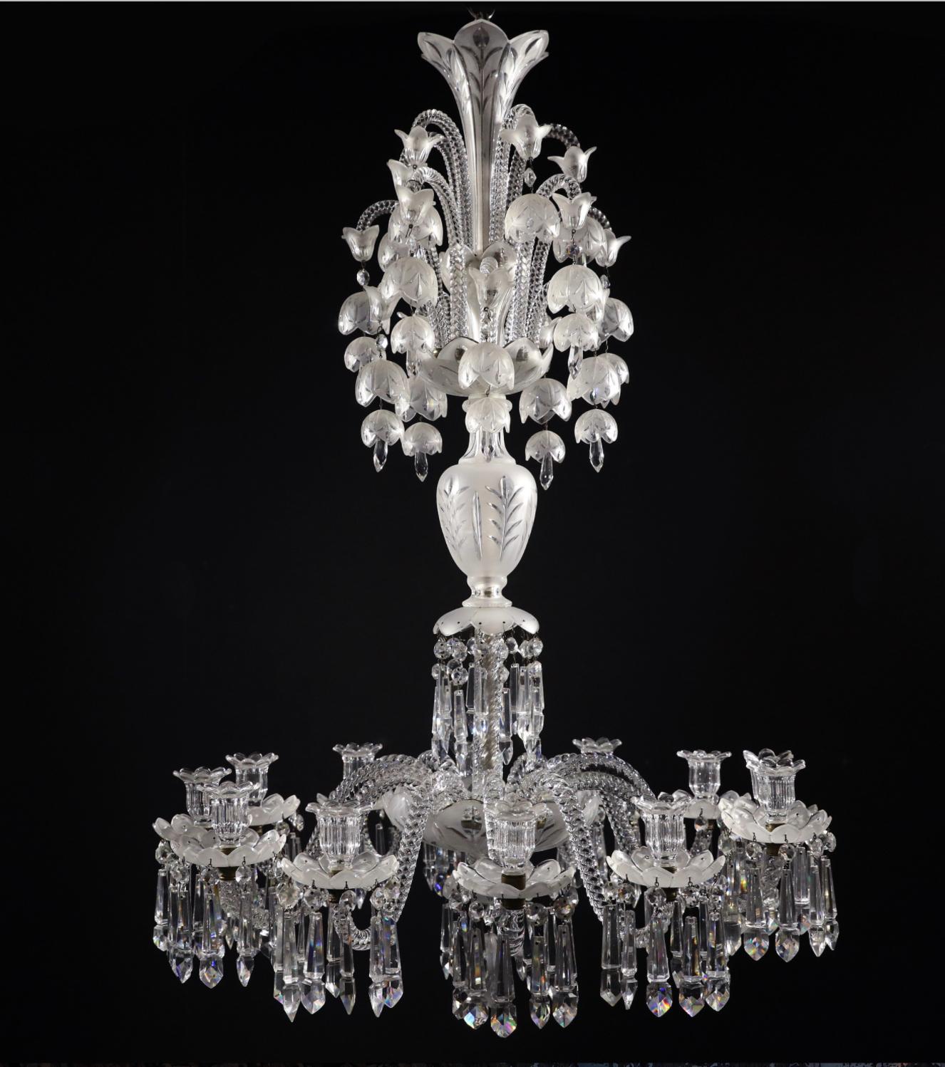 Late 19th century cut and moulded glass, 12 lights crystal chandelier by Baccarat, France.  Dimensions: Height 44