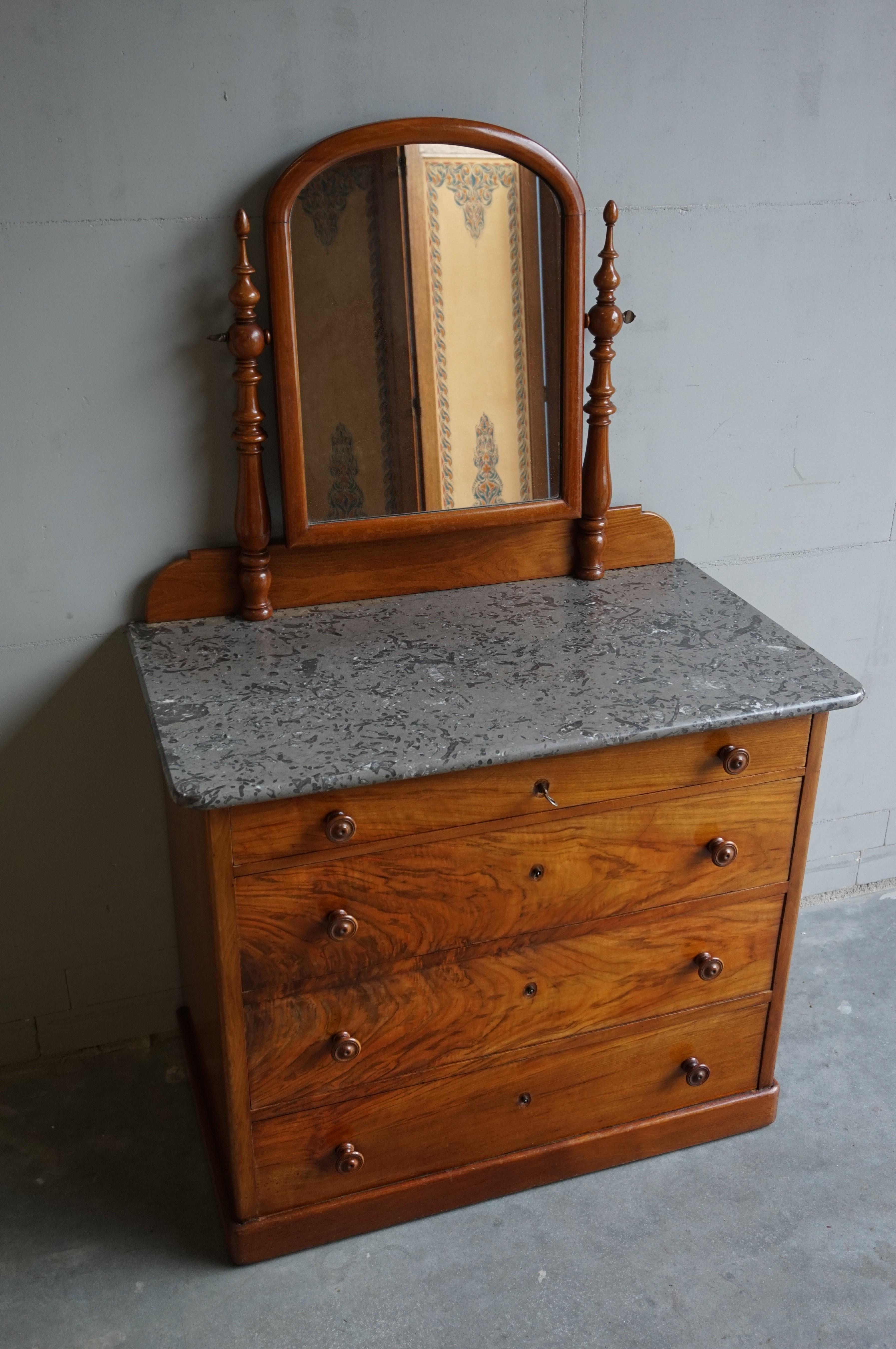 European Late 19th Century Chest of Drawers Vanity with Marble Top and Hinging Mirror For Sale